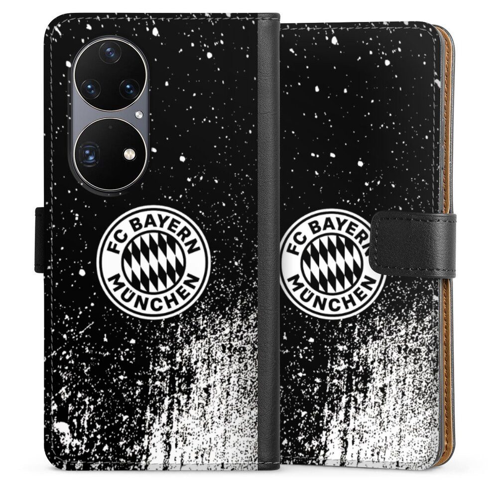DeinDesign Handyhülle FC Bayern München Offizielles Lizenzprodukt FCB Splatter Schwarz - FCB, Huawei P50 Pro Hülle Flip Case Klapphülle Handytasche Leder