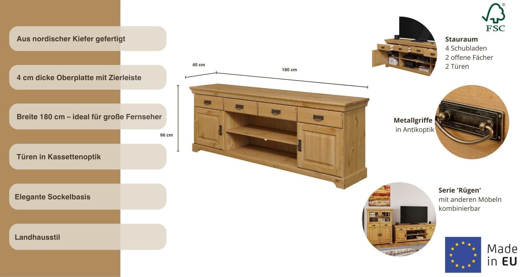 OTTO home TV-Board Rügen, zertifiziertes Massivholz, Breite 180 cm, im Landhausstil
