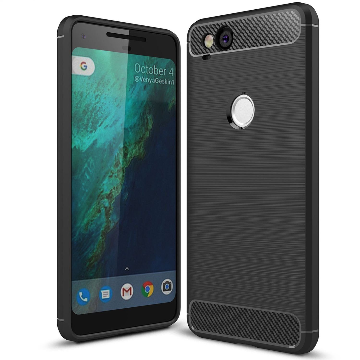 Nalia Smartphone-Hülle Google Pixel 2, Carbon-Look Silikon Hülle / Matt-Schwarz / Anti-Fingerabdruck / Rutschfest Stoßfest Kratzfest / Karbon-Optik Schutzhülle / Slim Cover Soft Case Etui Handy-Tasche Backcover / Handy-Schale Backcase Handycover Handycase