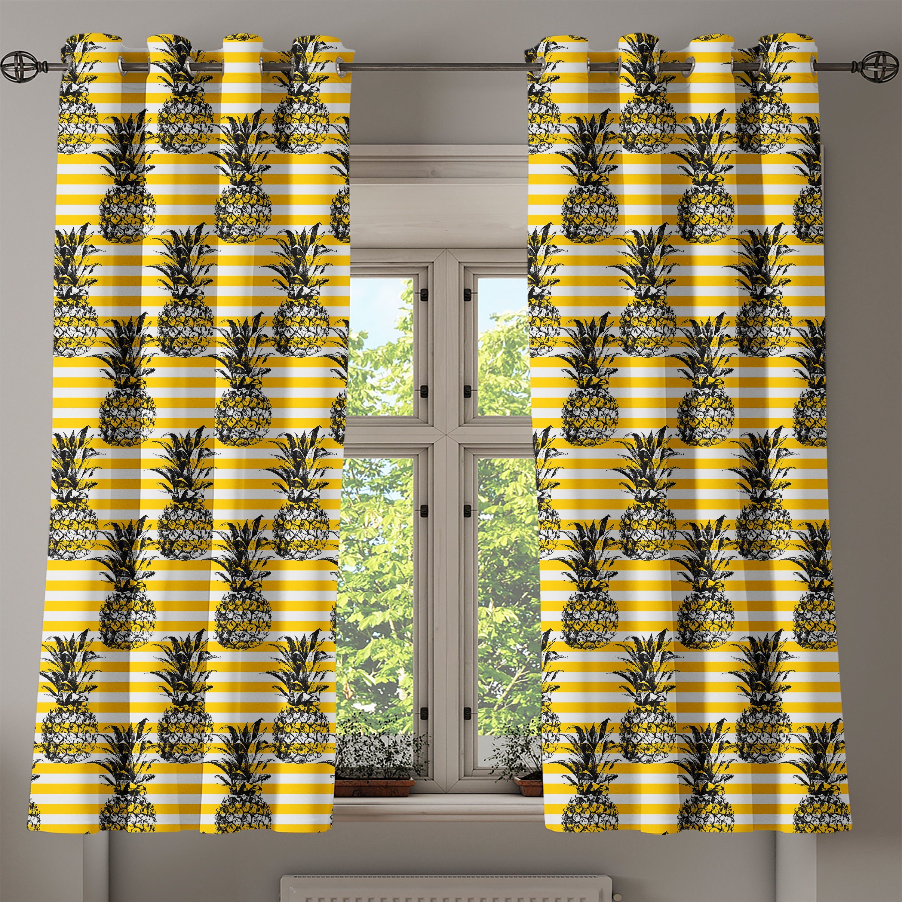 Wohnzimmer, Grunge Abakuhaus, gestreifte Weinlese Retro Dekorative Schlafzimmer Gardine für 2-Panel-Fenstervorhänge