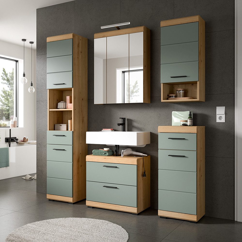 Lomadox Badmöbel-Set SIROCO-158, (Spar-Set, 5-St., Hochschrank Spiegelschrank Waschbeckenschrank Wandschrank Unterschrank), in Artisan Eiche mit Salbei