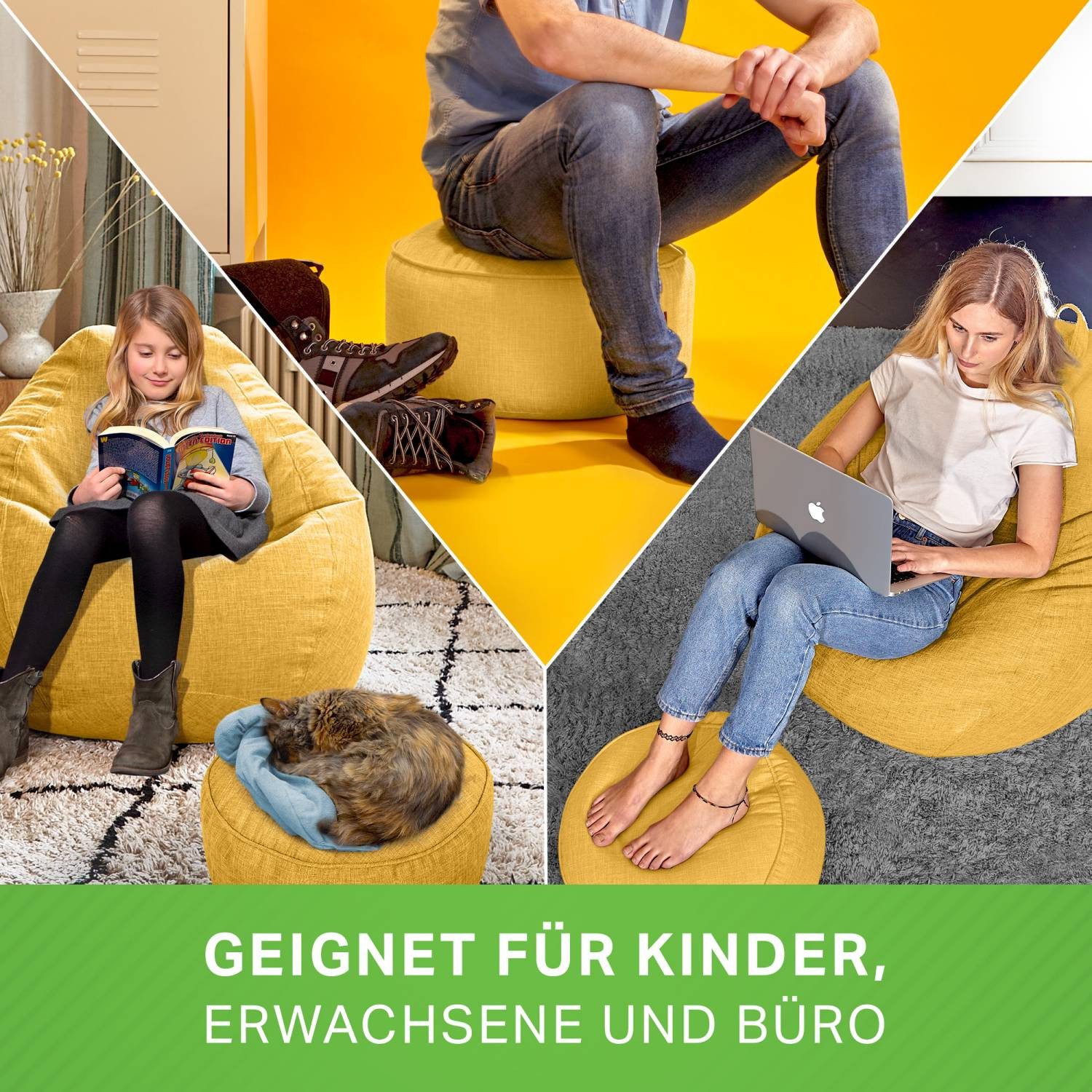 Green Bean Pouf Sitzsack-Hocker Home Linen 45x25cm (Sitzsack-Hocker 45x25cm mit EPS-Perlen Füllung -, Fußhocker Fußkissen Sitz-Pouf für Sitzsäcke), Bodenkissen  – Bild 5 von 5