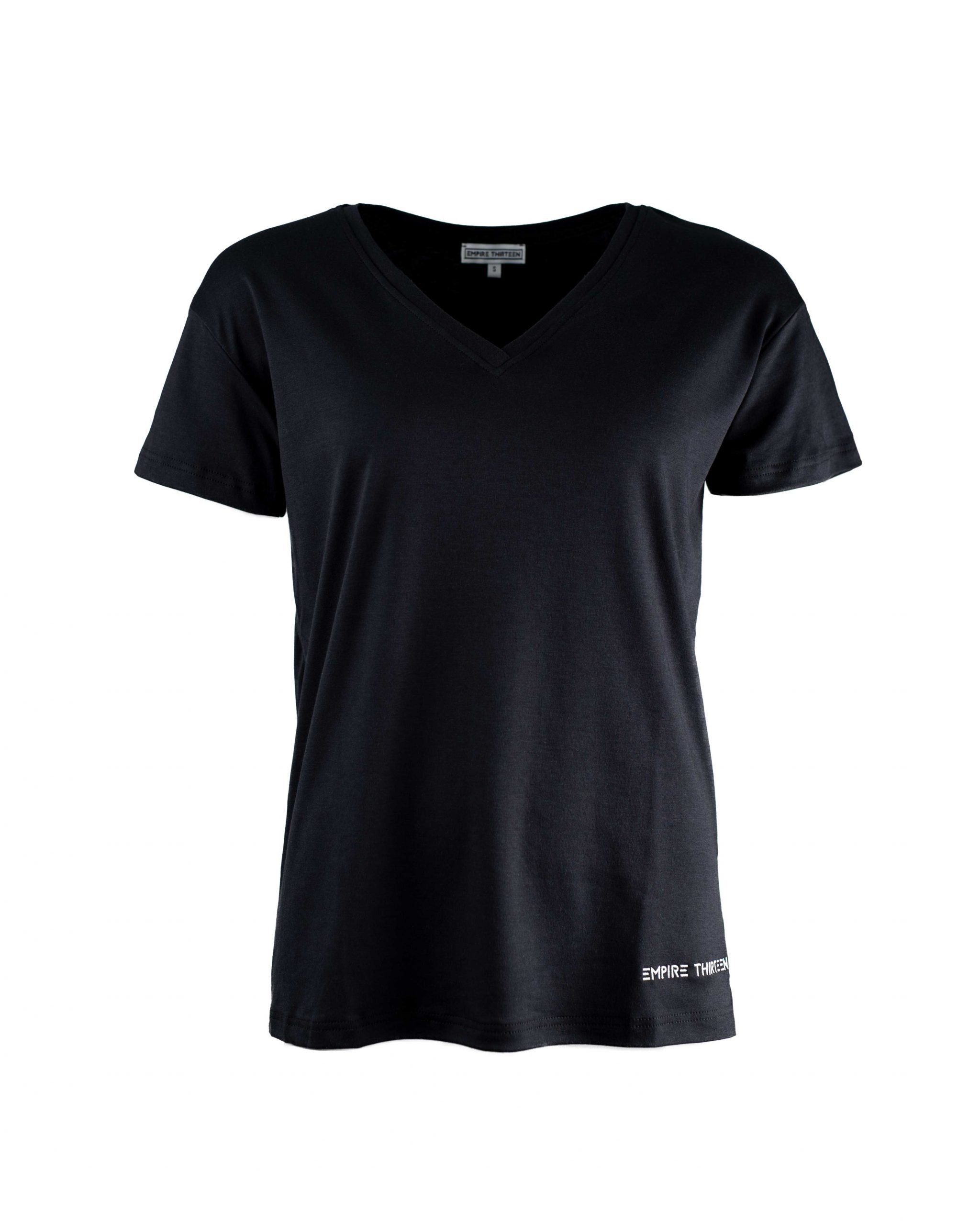 EMPIRE-THIRTEEN T-Shirt "EMPIRE-THIRTEEN" V-NECK SHIRT LADIES Logostickerei, V-Ausschnitt Schwarz