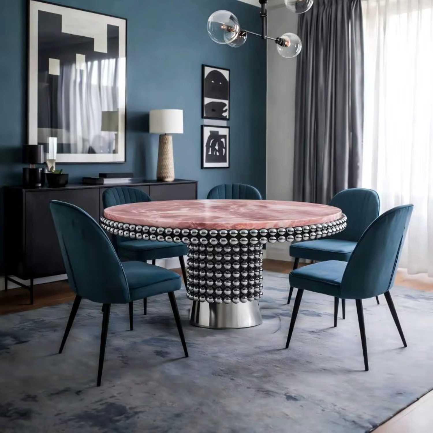 mukuhi Esstisch Esstisch Rund Rosa Silber 120 cm Edelstahl Design Luxus