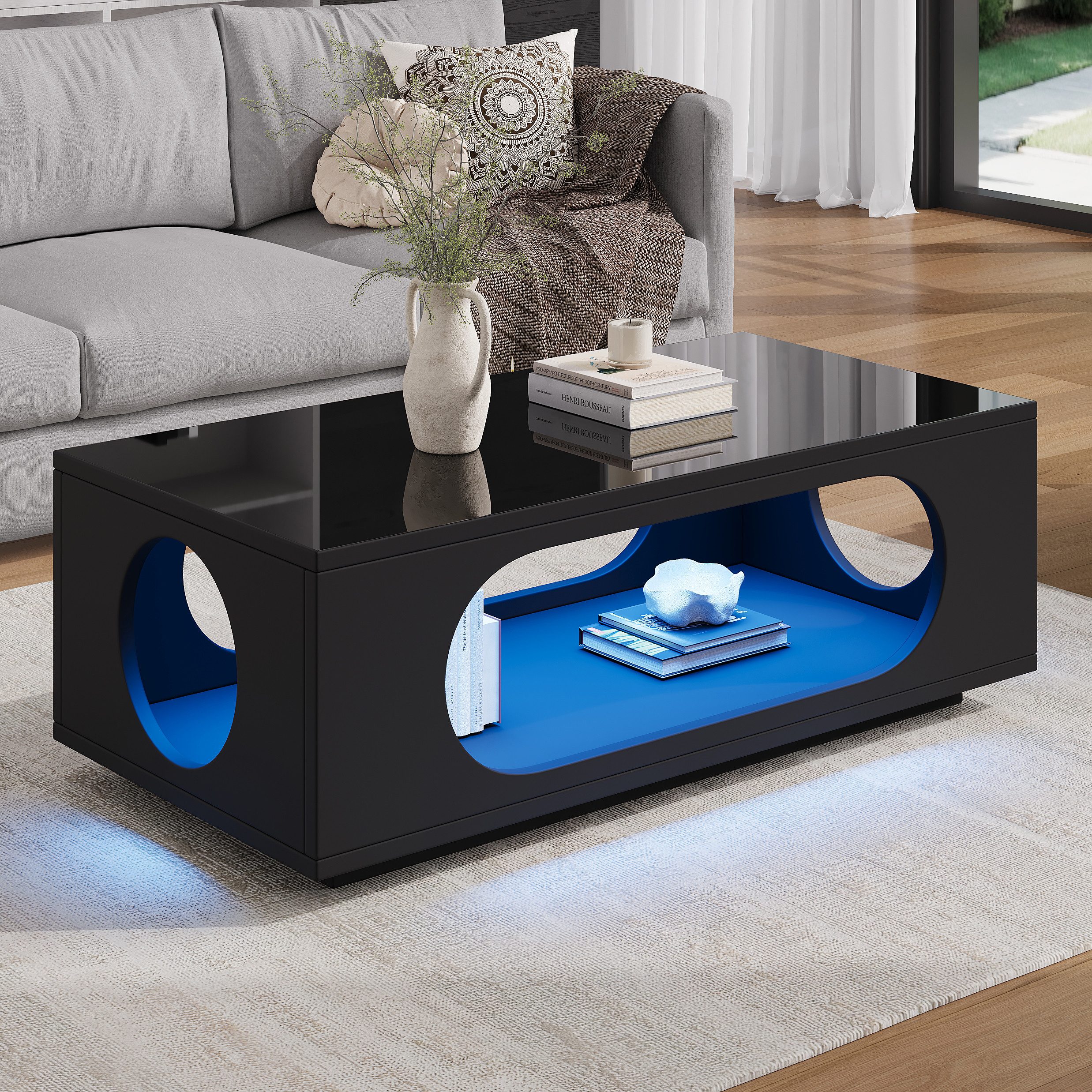 KLAM HOME Couchtisch Weißer Couchtisch 100x50cm mit LED App-Steuerung & Hochglanz (Modernes Wohnzimmer Sofatisch mit großem Stauraum & Kabelmanagement), Hochglänzender Beistelltisch aus MDF mit individueller Lichtsteuerung