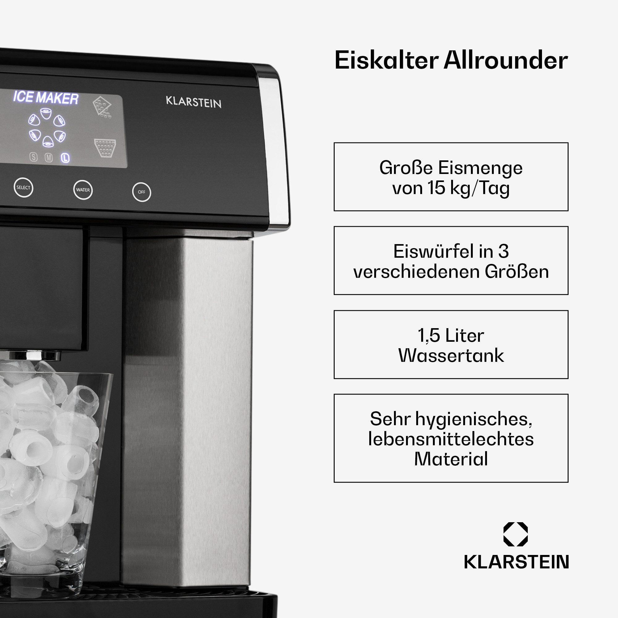 Klarstein Eiswürfelmaschine Eiszeit Eiswürfelmaschine Edelstahl 15 kg/24h 3 Größen silber, Eiswürfelbereiter Ice Cube Maker Ice Maker mit LCD & Wassertank