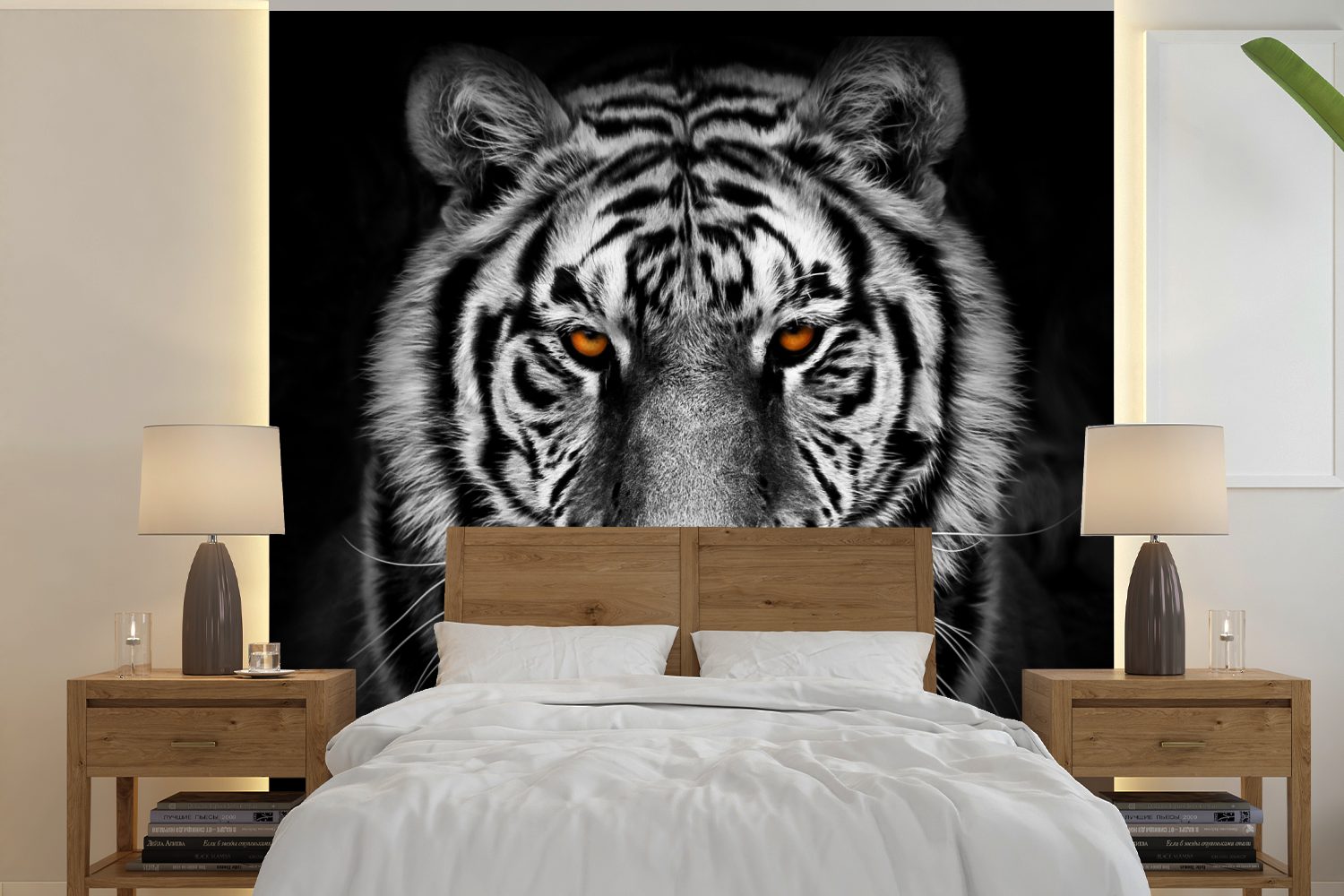MuchoWow Fototapete Tiger - Orange - Schwarz - Weiß, Matt, bedruckt, (5 St), Vinyl Tapete für Wohnzimmer oder Schlafzimmer, Wandtapete