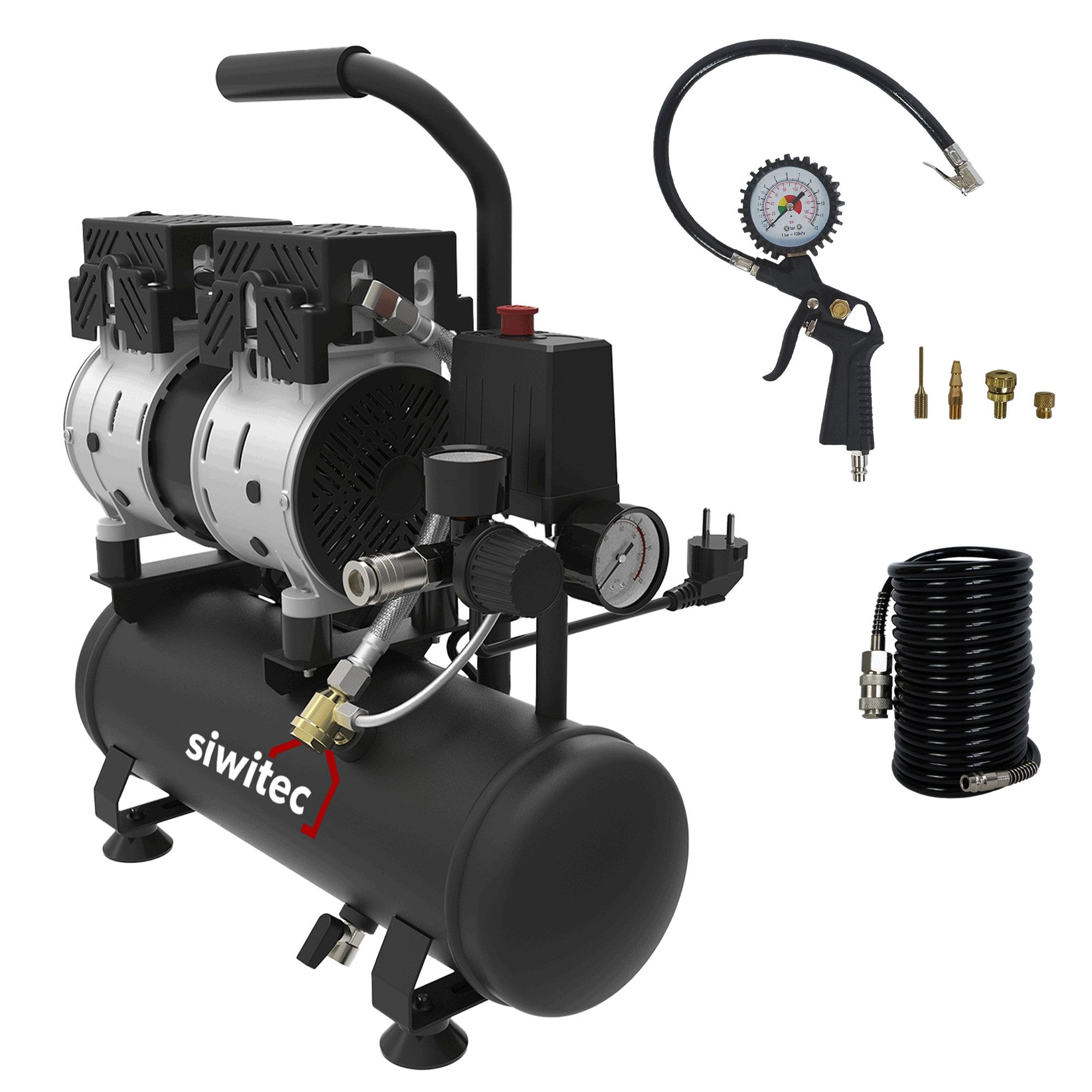 siwitec Kompressor Flüsterkompressor 550 W Set mit 5 m Druckluftschlauch, 550 W, max. 8,00 bar, 6,00 l