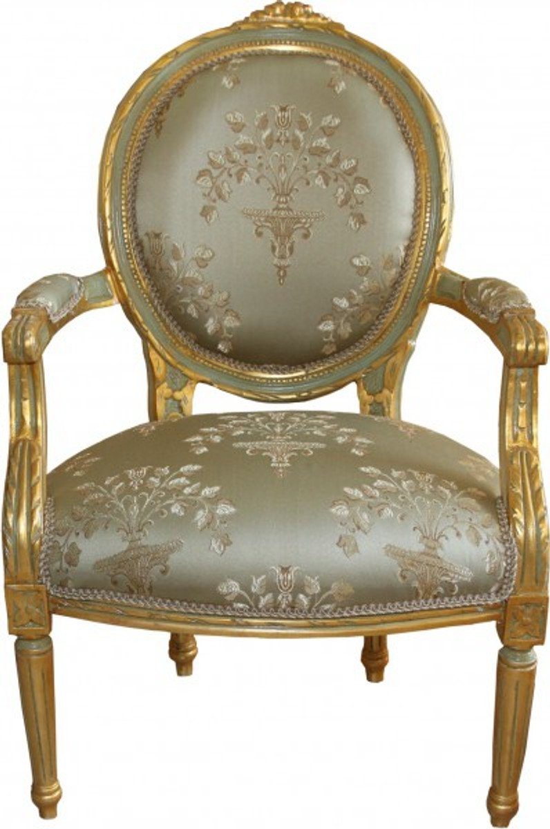 Casa Padrino Besucherstuhl Barock Medaillon Salon Stuhl Grün Muster / Gold Modell Versailles - Möbel Antik Stil