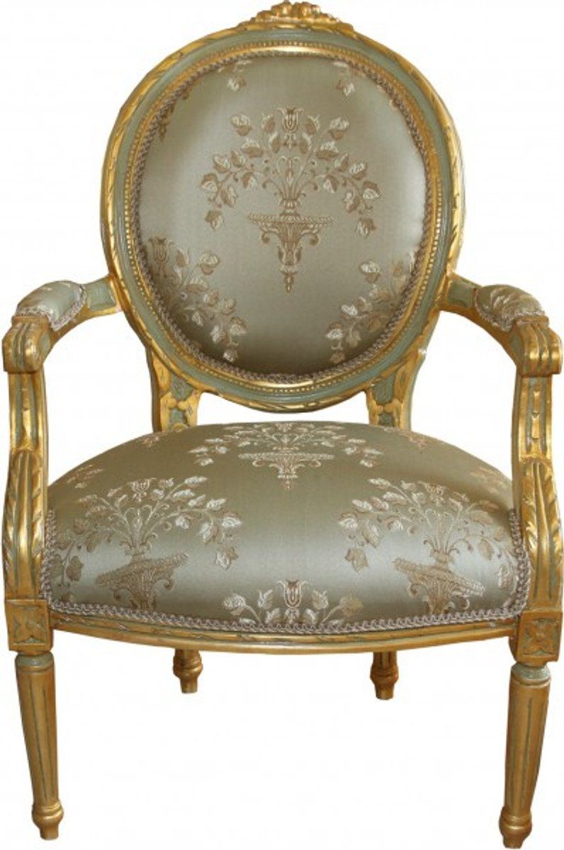 Besucherstuhl Barock Medaillon Salon Stuhl Grün Muster / Gold Modell Versailles - Möbel Antik Stil