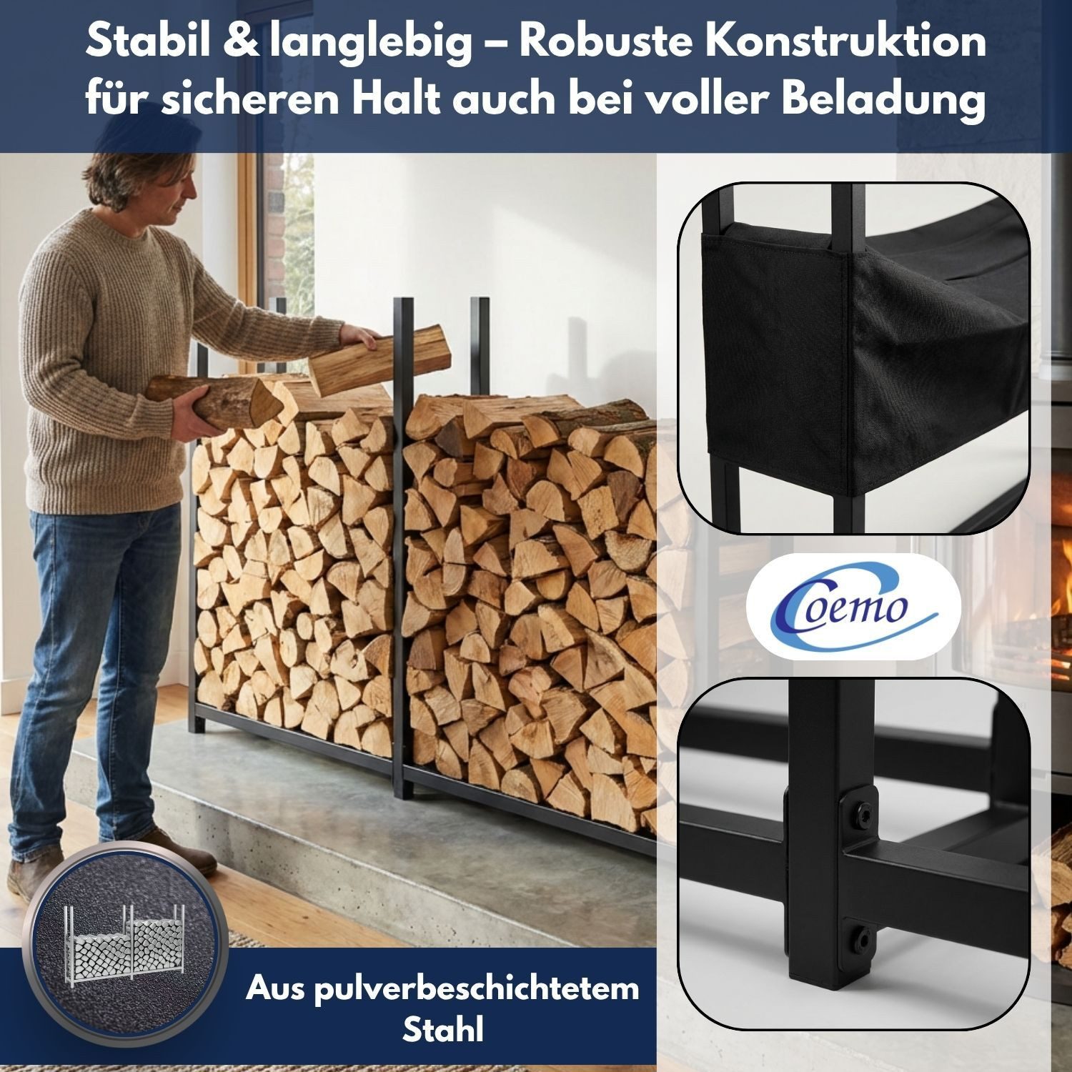 Coemo Kaminholzregal HANS, (1-St), 223 x 25 x 115 cm Brennholzregal Metall Außen Stahlrahmen Abdeckplane
