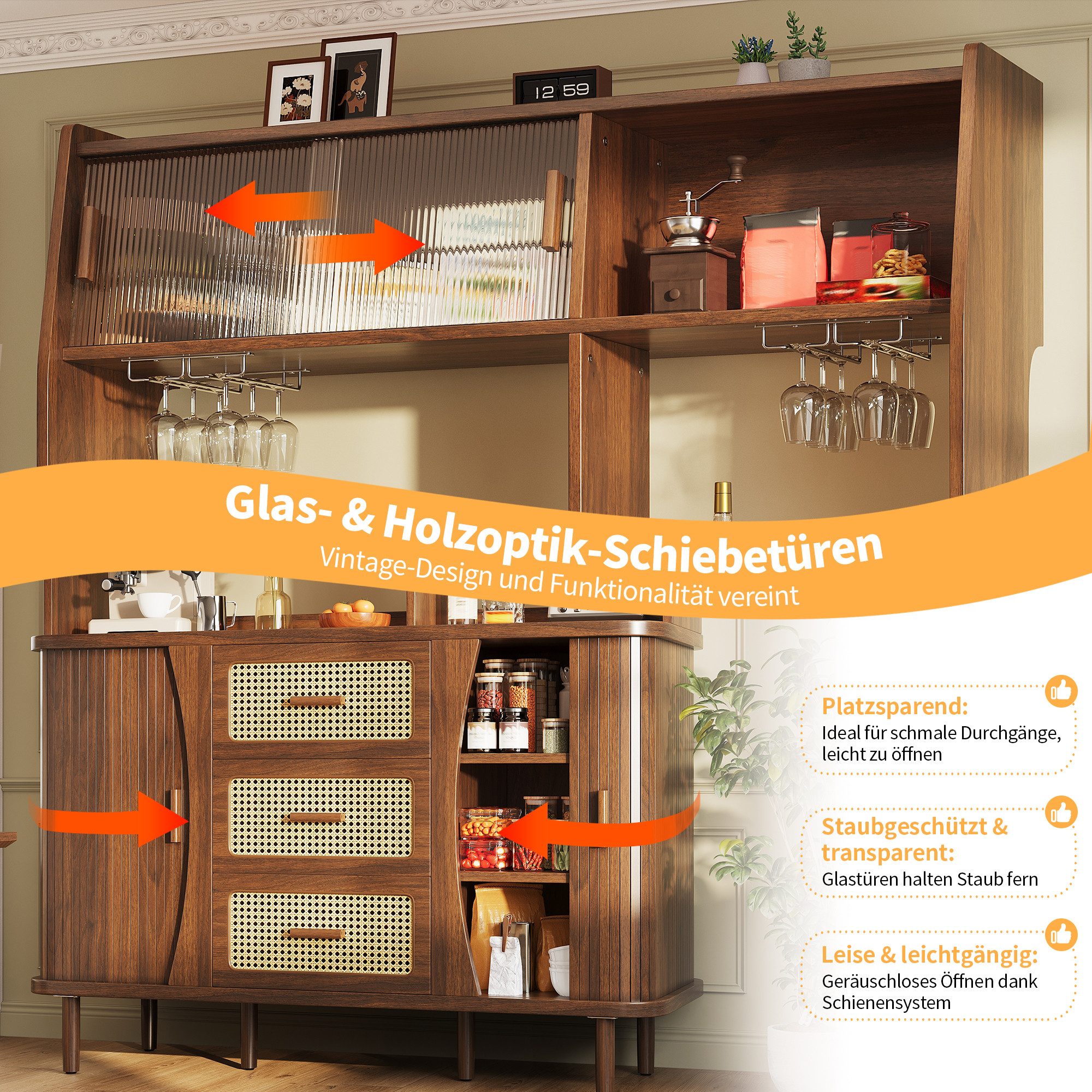 Celya Küchenbuffet Buffetschrank Rattanoptik mit Stauraum (mit 3 Schubladen und Glasschiebetüren, belastbar bis 60kg) Integrierte Glashalter, verstellbare Füße und abgerundete Kanten