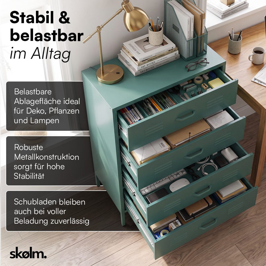skølm Kommode Atria aus Metall (Dunkelgrün), Sideboard mit 4 Schubladen, Metallschrank mit höhenverstellbaren Füßen – Bild 3 von 5