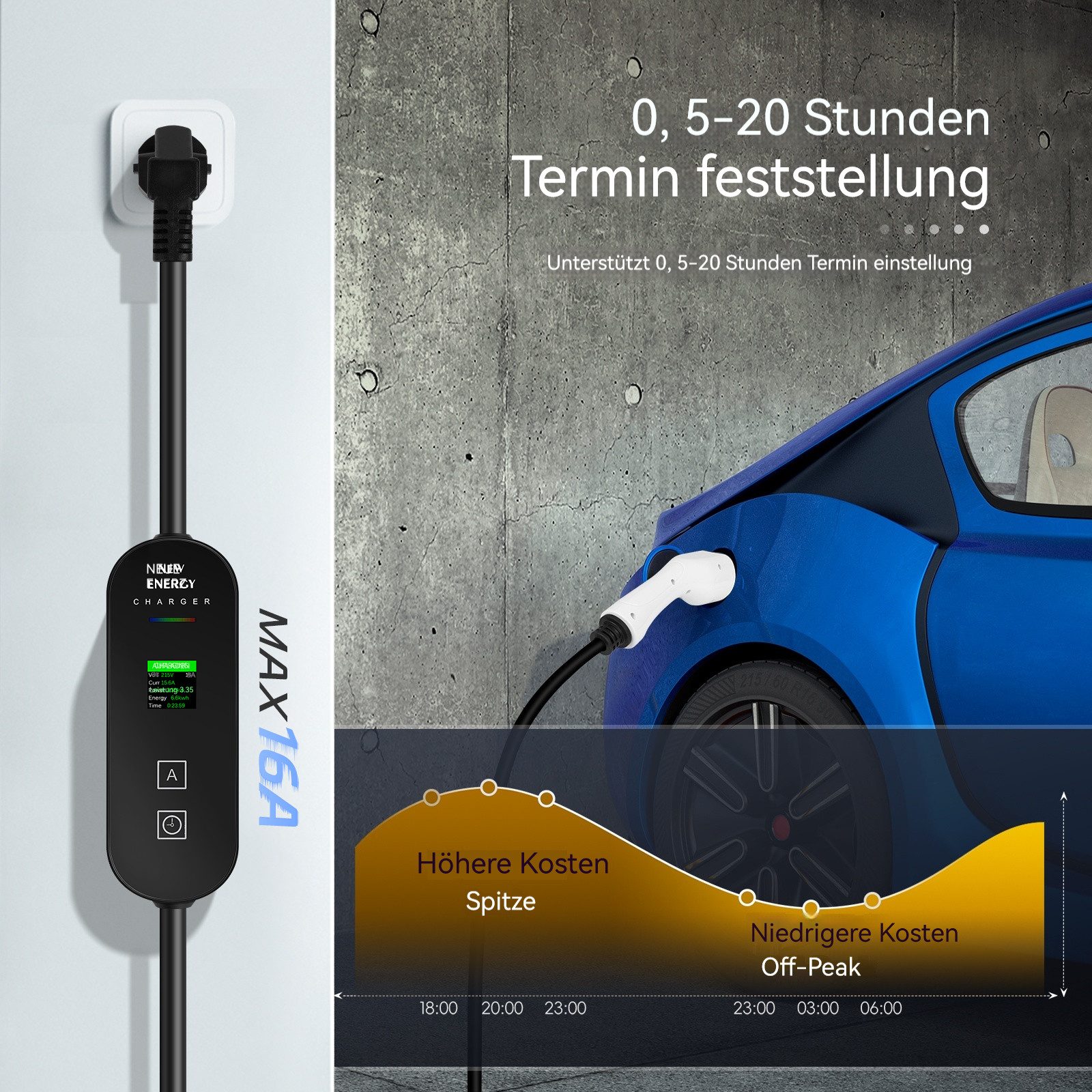 Hikity Tragbare Autoladepistole mit Bildschirm Autoladekabel, Europäische Standard-Stromversorgungen, IP66 Wasserdicht