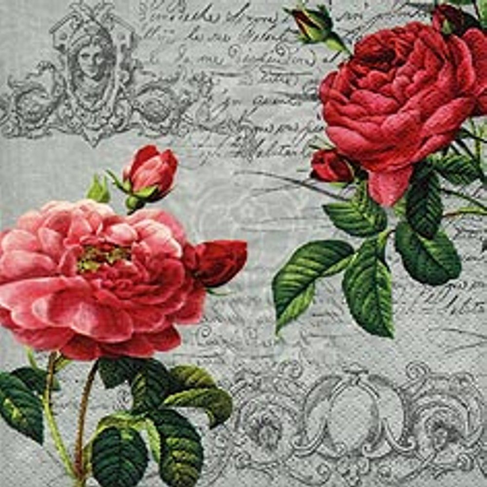 Linoows Papierserviette 20 Servietten, Rosen Blüten auf Briefpapier, Barock Motiv 33x33 cm, (Packung), Motiv Rosenblüten auf barockem Briefpapier