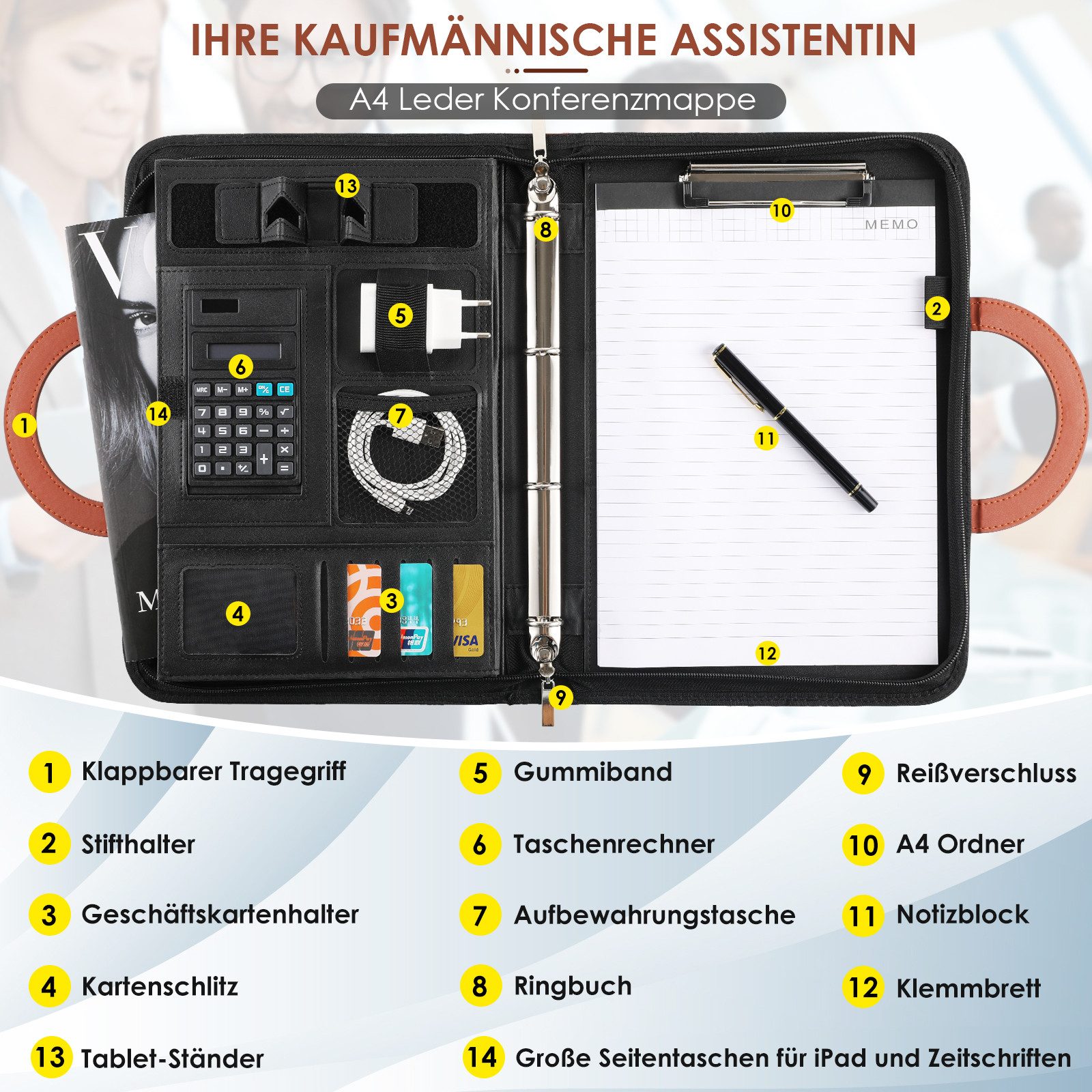 TLGREEN Konferenzmappe A4,Konferenzmappe mit Handyhalter, Leder günstig online kaufen