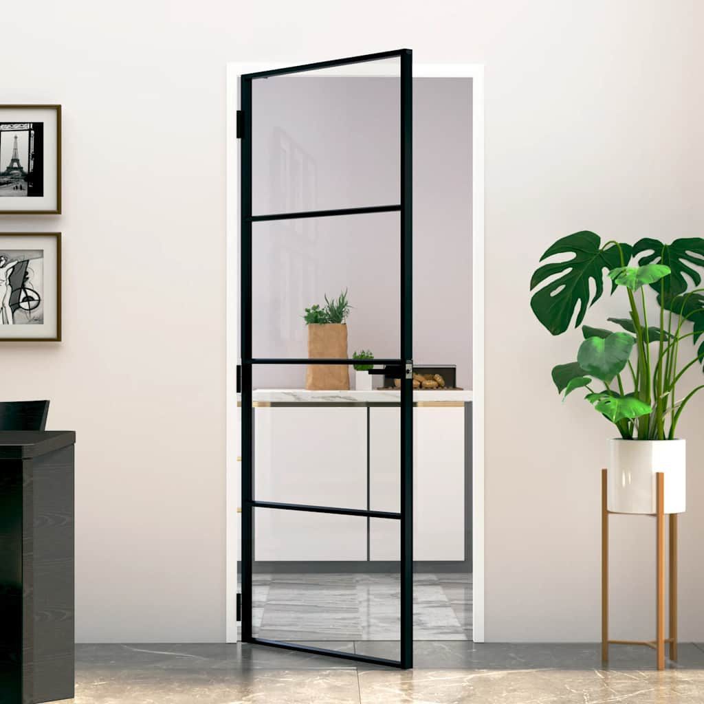 vidaXL Haustür Innentür Schwarz 83x201,5 cm Hartglas & Aluminium Schlank (1-St)