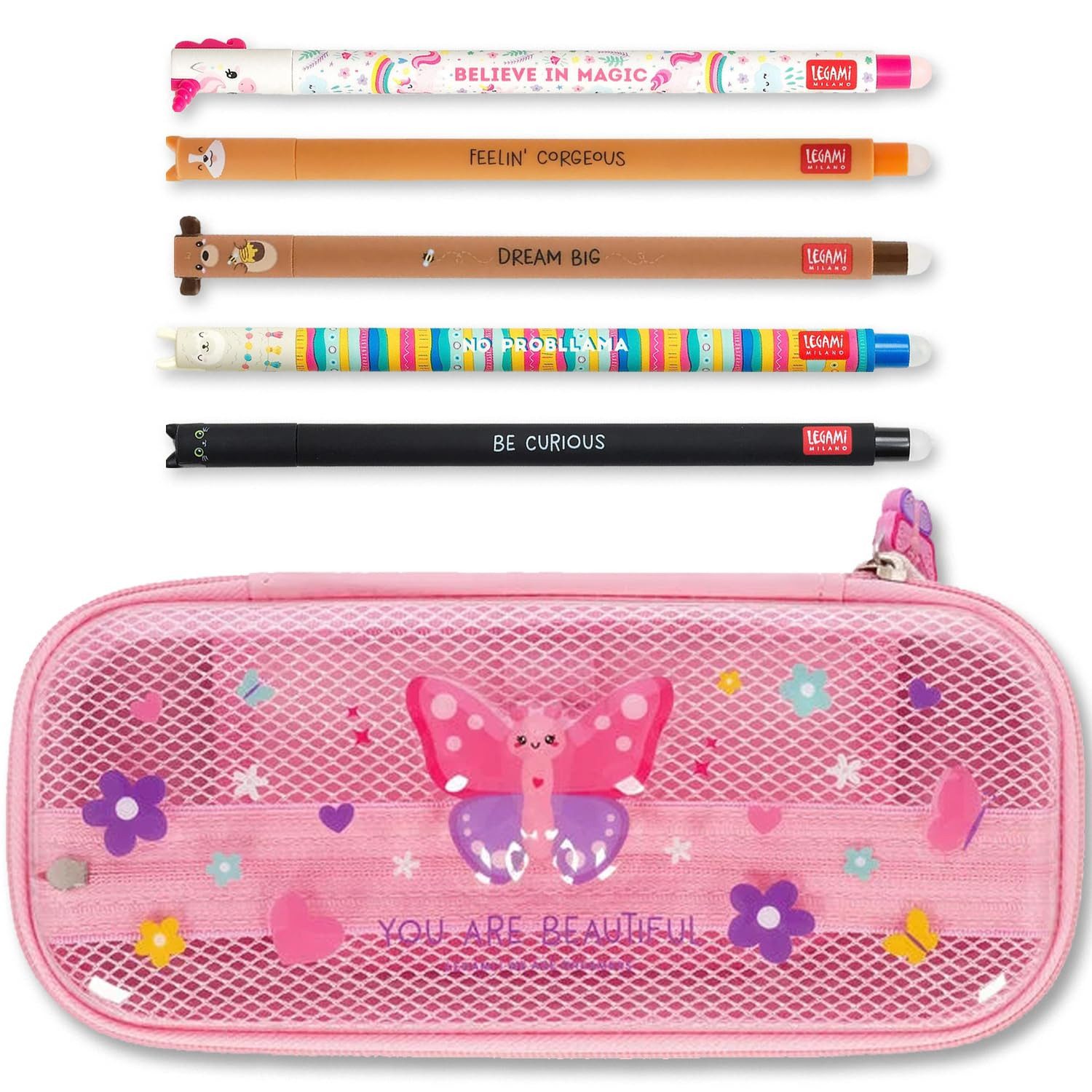 Legami Federmäppchen Federmäppchen mit 2 Fächern & radierbarer Stift, 5 Stifte mit Tinte, Thermosensitive Tinte, niedliche Tiermotive