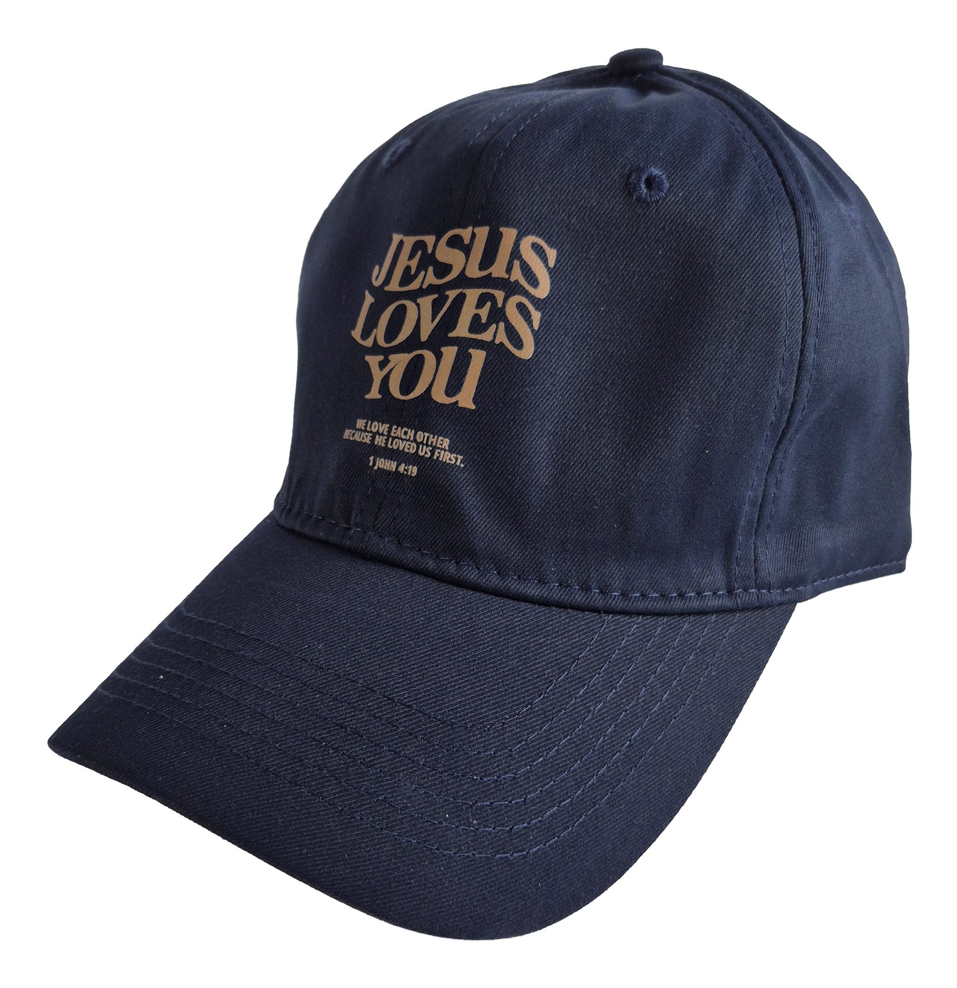 Einkaufszauber Schirmmütze Baseball Cap Schirmmütze "Jesus loves you" Blau - besonders großer Schirm bietet guten Sonnenschutz