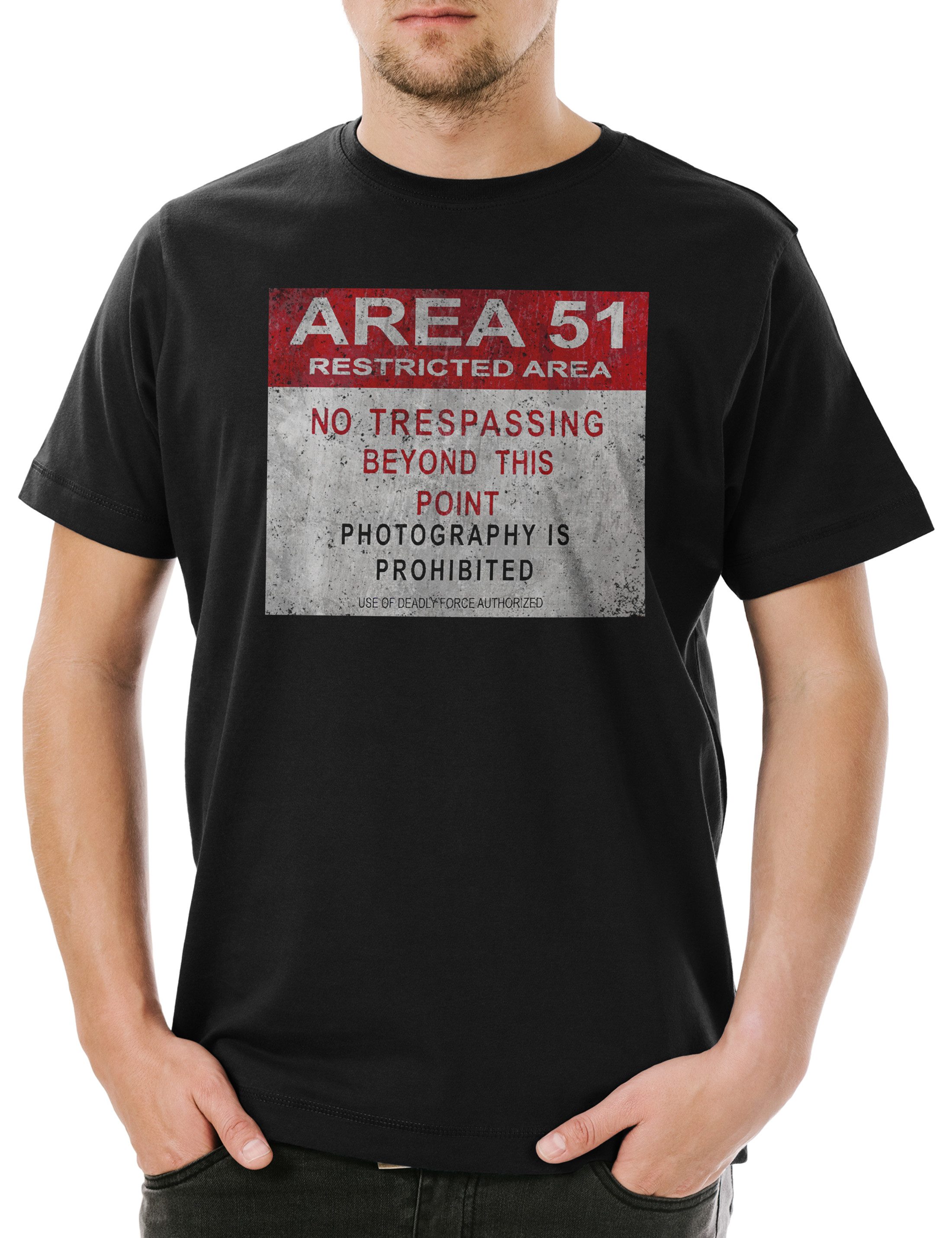 Urban Backwoods Print-Shirt Area 51 Vintage Logo Sign Herren T-Shirt Ufo Tr3b Adamski Secret Alien (1-tlg) Schild Project Blue Book