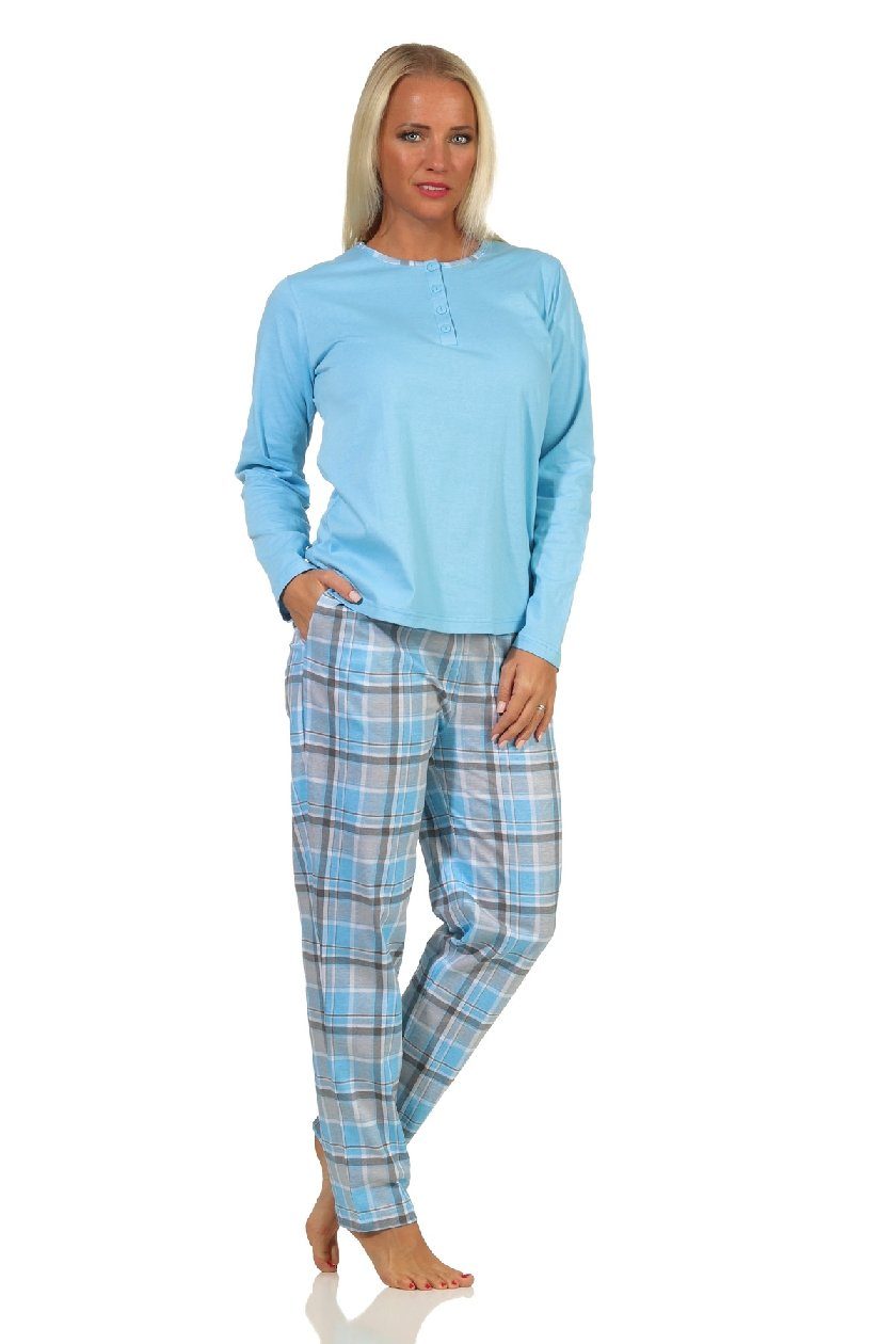 Normann Damen Karohose Knopfleiste am hellblau mit Hals Pyjama Schlafanzug langarm Pyjama und