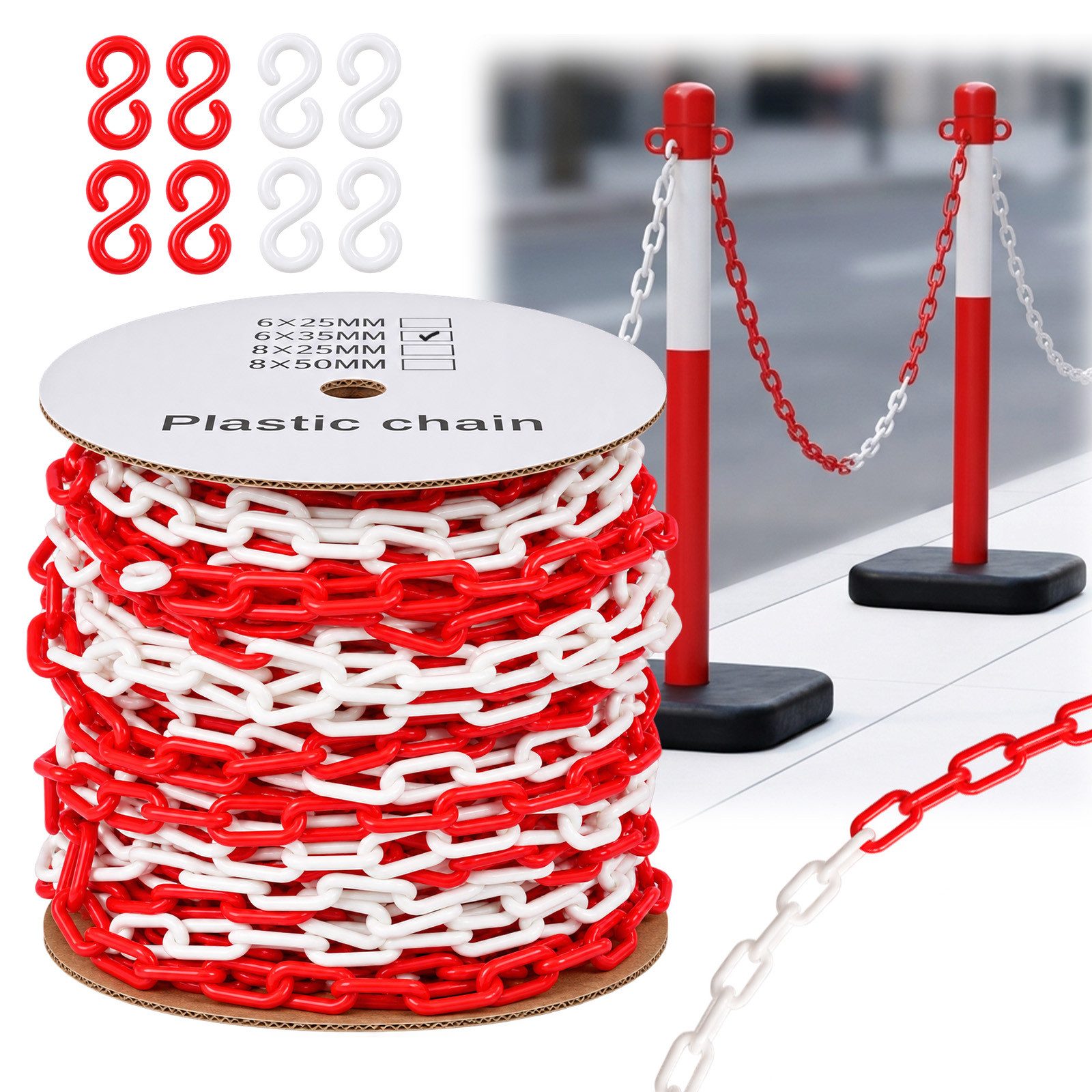 JOYOLEDER Absperrkette Absperrkette Rot Weiß Kunststoff 50m x 6mm, Leicht und Praktisch, Länge 50 m (Absperrkette Warnkette mit 20 S Haken) Kunststoffkette zum Absperren von Flächen