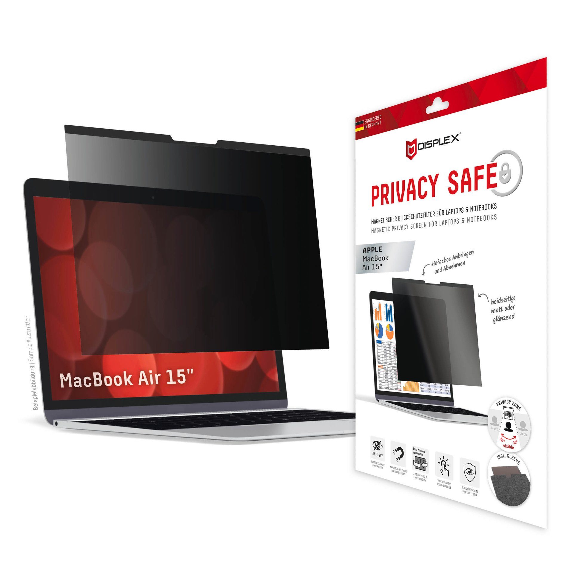 Displex Displayschutzfolie Privacy Safe Blickschutzfilter für Apple MacBook Air 15, Blickschutzfolie