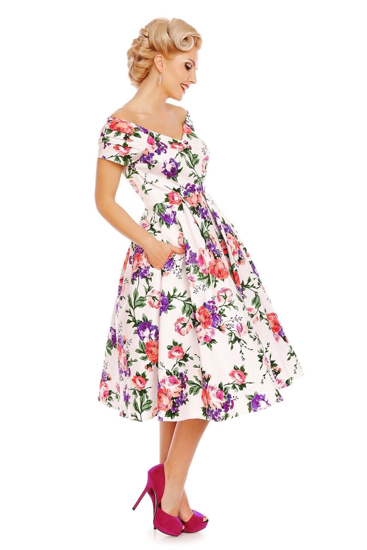 Dolly and Dotty A-Linien-Kleid Lily White Floral Off-Shoulder Vintage Retro