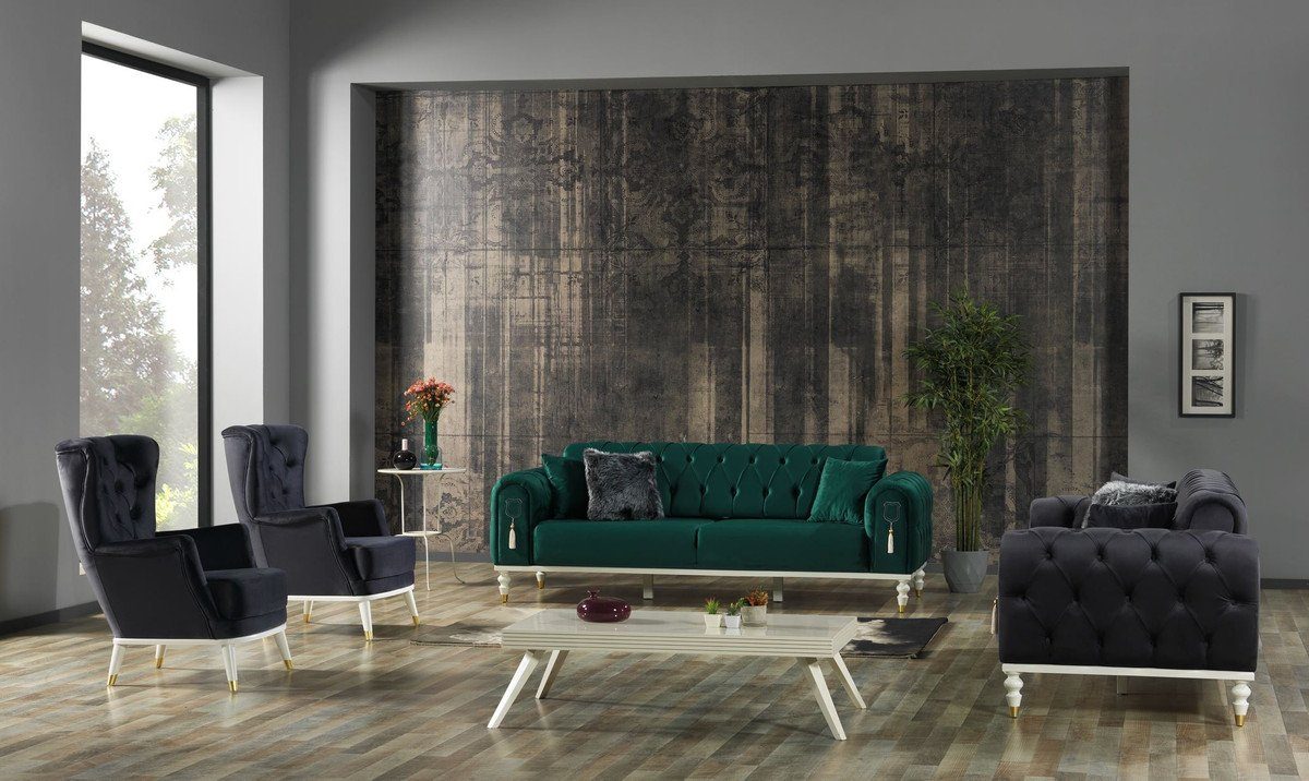 / Möbel Sofa cm Wohnzimmer Weiß Grün Chesterfield-Sofa 83 Kissen - mit x Chesterfield Schlafsofa / Wohnzimmer 230 Gold Luxus 3 - 95 Luxus Padrino Casa x H.