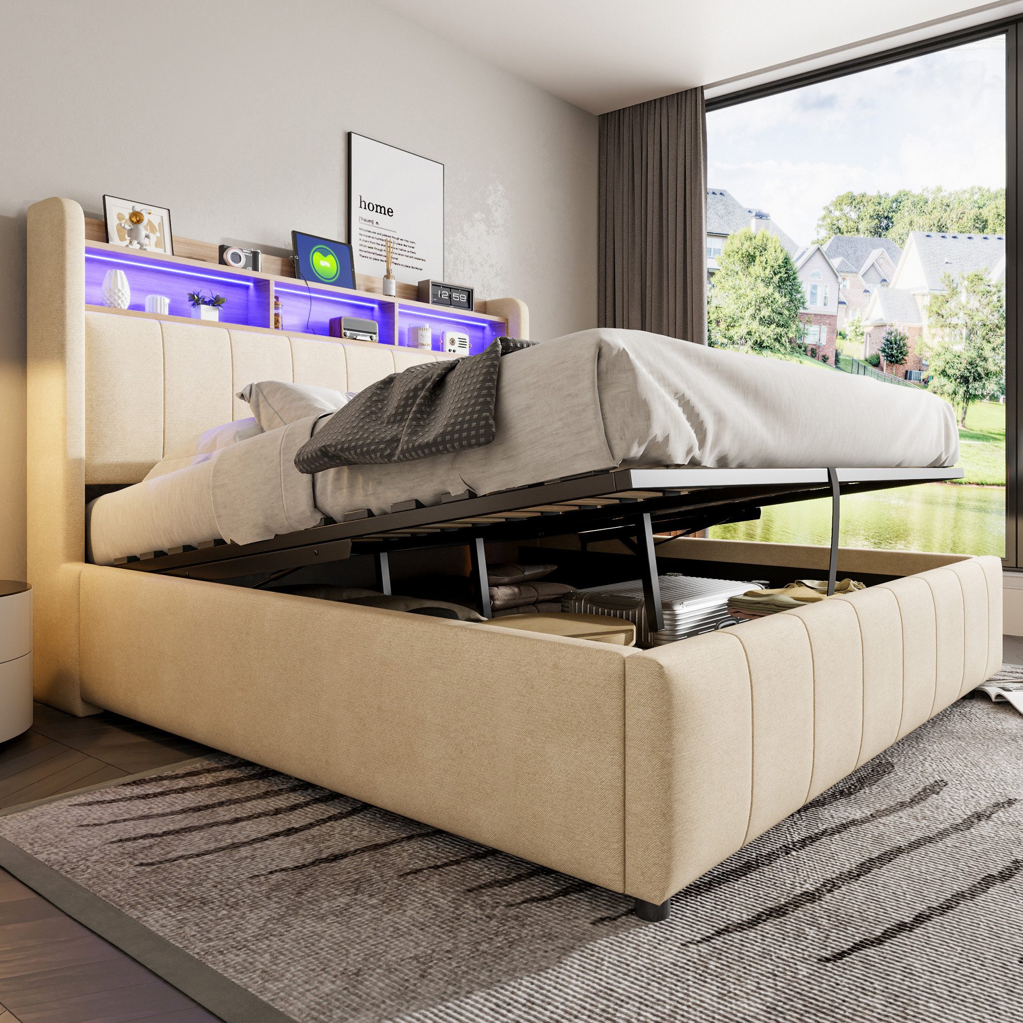 Flieks Polsterbett, LED hydraulisches Doppelbett 160x200cm mit USB-Aufladen günstig online kaufen