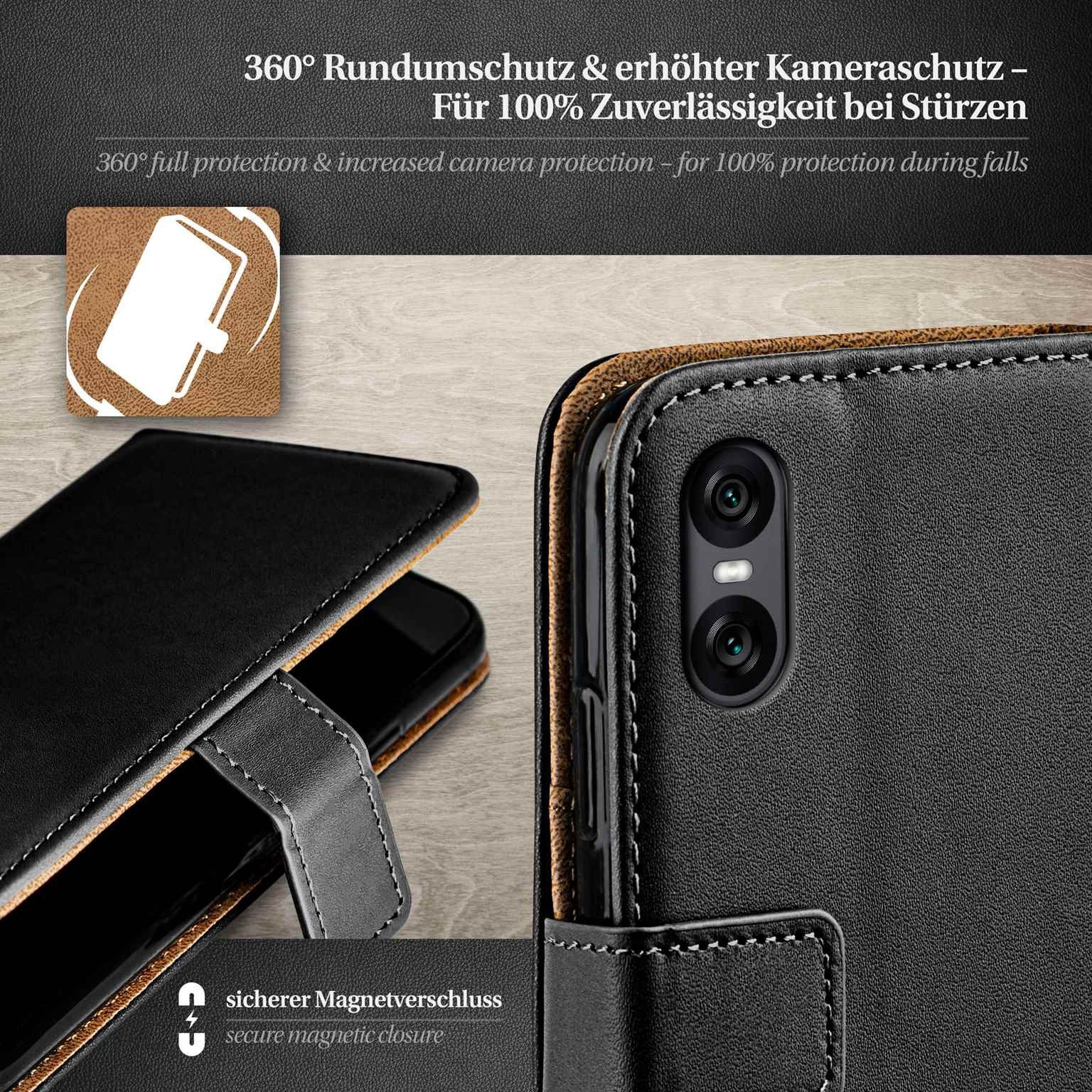 moex Handyhülle für Sony Xperia 10 VI Hülle Klappbar Book Case Schwarz 6,1 Zoll, Klapphülle Kartenfach Flip Cover Handytasche Leder Optik Schutzhülle