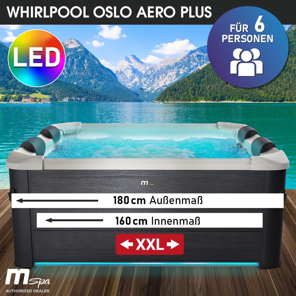 BRAST Whirlpool MSpa Oslo & Amber Aero Plus mit Fester Außenwand inkl. LED-Beleuchtung, (für 6 Personen, 180x180x65cm, 140 Massagedüsen), Ganzjähriger Einsatz Winterfest, In & Outdoor Pool