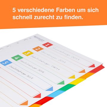 WESTCOTT Aktenordner Register für Ordner Din A4, Beschriftbare Trennblätter 10 Tabs, Ordner Organizer 5 Farben, Robuste 160g/m² mit Eurolochung