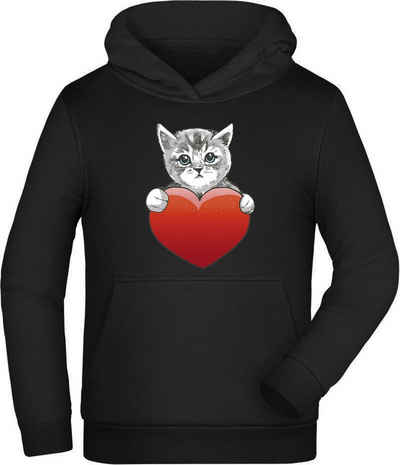 MyDesign24 Hoodie Kinder Kapuzen Sweatshirt - Katzen Hoodie mit rotem Herz Kapuzensweater mit Aufdruck, i120