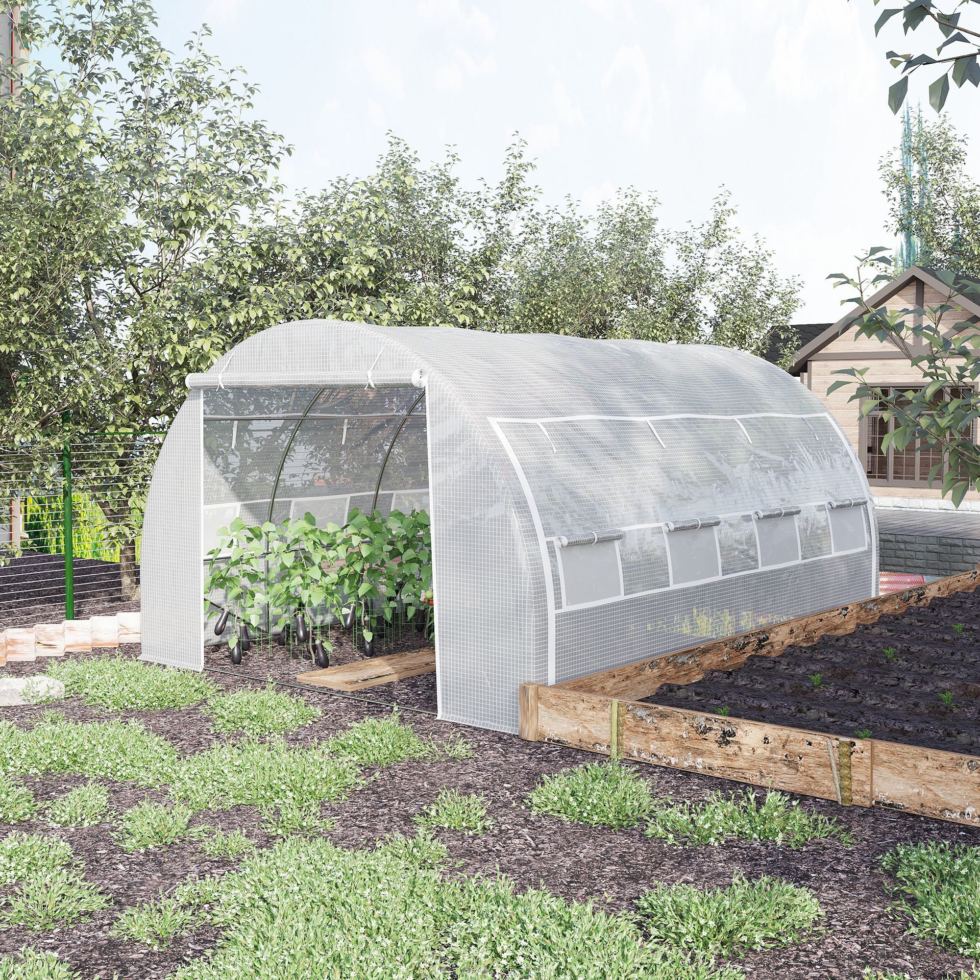 Outsunny Foliengewächshaus Polytunnel Gewächshaus mit aufrollbar Abdeckungen UV-Schutz, BxTxH: 397 x 300 x 200 cm, BxLxH: 300 x 397 x 200 cm, Tomatenhaus 1-St., Gewächshaus, Stahl, Grün