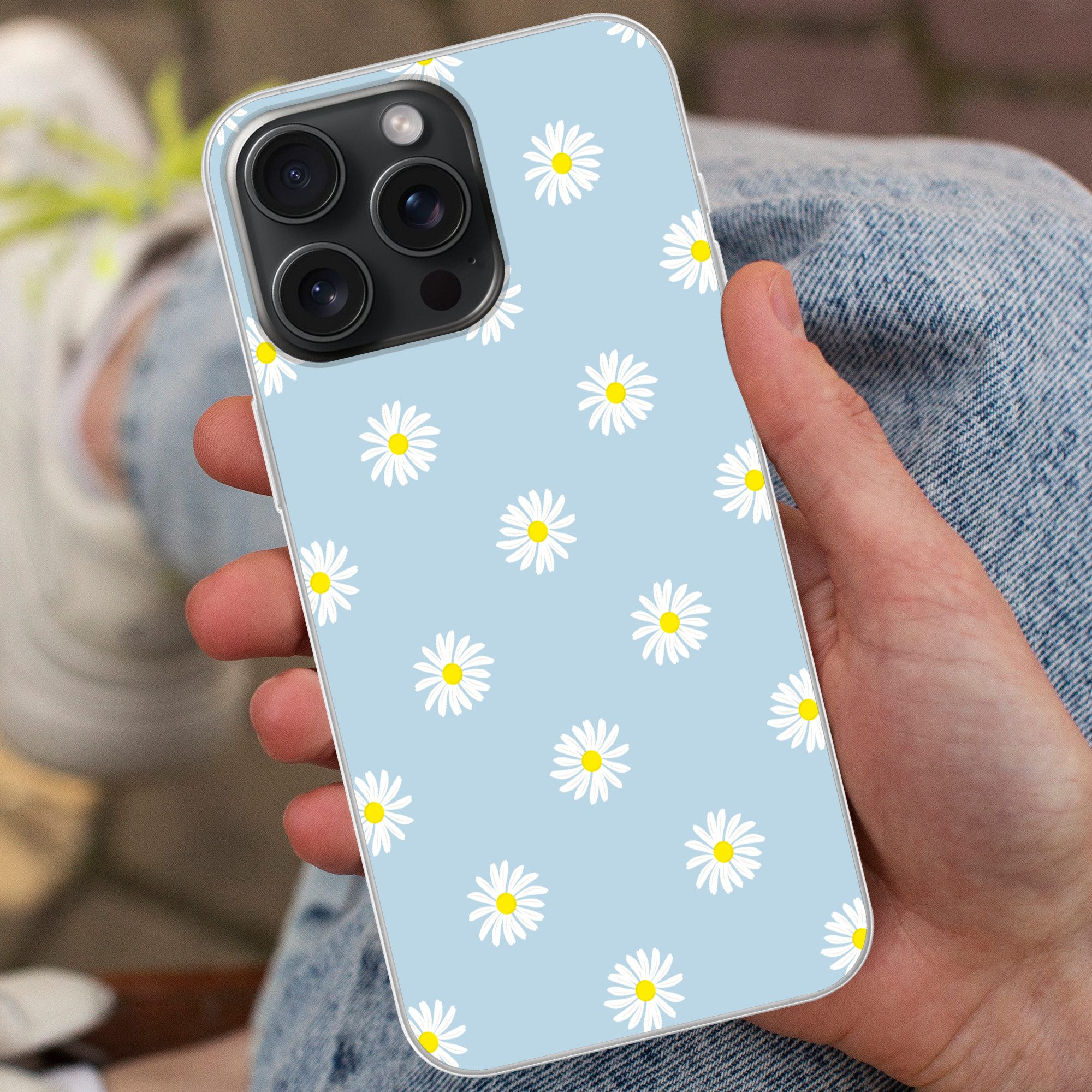 MuchoWow Handyhülle für Apple iPhone 15 Pro Max Gänseblümchen - Pastell - Weiß - Blau - Bl, Smartphone-Bumper, Print, Handy Schutzhülle Dünn