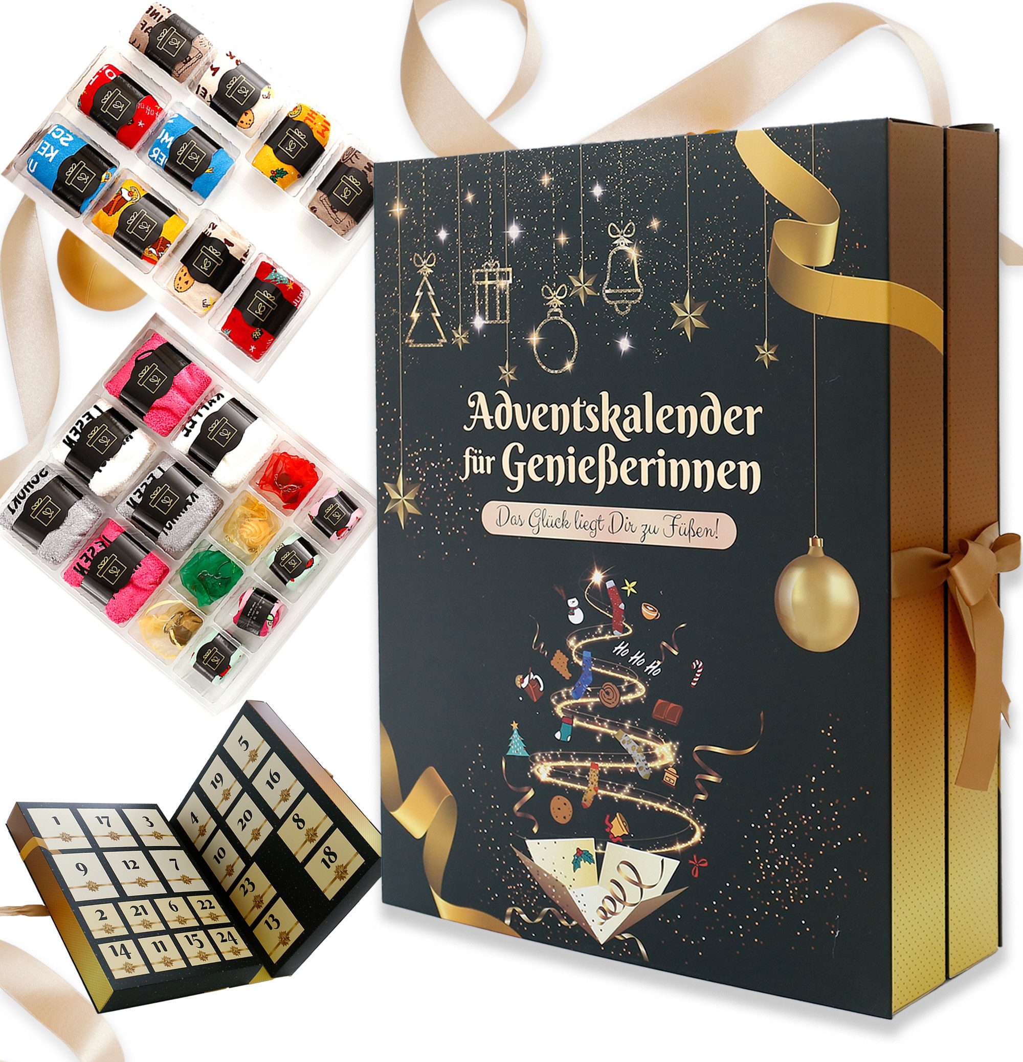 Lucadeau Adventskalender für Frauen, Kuschelsocken Baumwollsocken mit Kaffee Schoki Sprüchen, Gr. 37-43, Socken mit Sprüchen, Schlüsselanhänger mit Essens-Motiv
