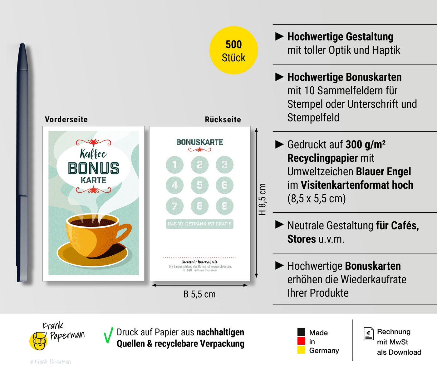 Thumbnail - Frank Paperman Visitenkarten 125/200/500 Bonuskarten Kaffee Kunden, Stempelkarte, Treuekarte, 100 % Recylingpapier, Café...