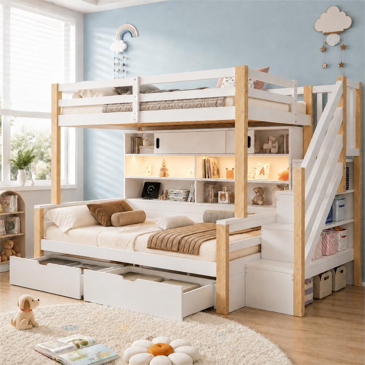 Celya Hochbett Etagenbett, aus Massivholz mit LED-Lichtleiste und USB-Aufladen (ohne Matratze, mit Stauraumtreppe und 2 Schubladen)