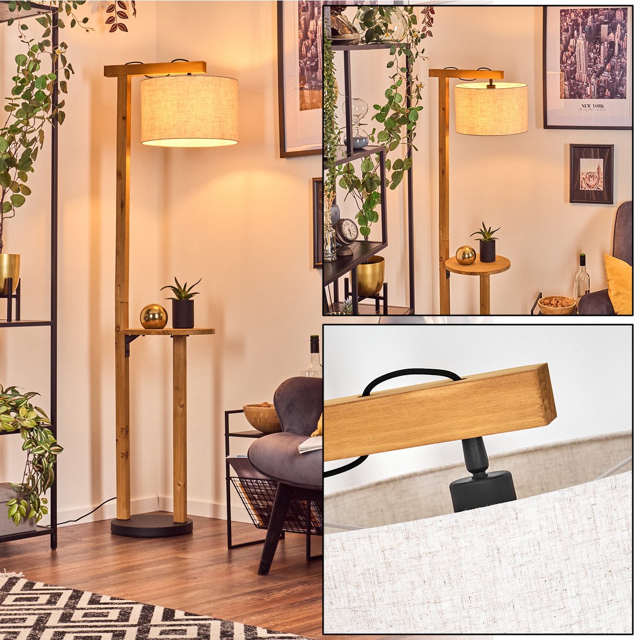 hofstein Stehlampe Stehlampe aus Holz/Metall/Stoff in Natur/Schwarz/Beige/Weiß, ohne Leuchtmittel, skandinavische Leuchte, Ø 35 cm, Ablagefläche u. Fußschalter, 1 x E27