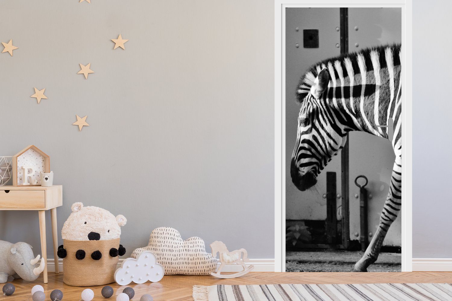 Tür, Tiere - (1 Fototapete Türaufkleber, 75x205 Schwarz MuchoWow und für Wand Tür Matt, - bedruckt, - Türtapete cm St), Zebra weiß, -