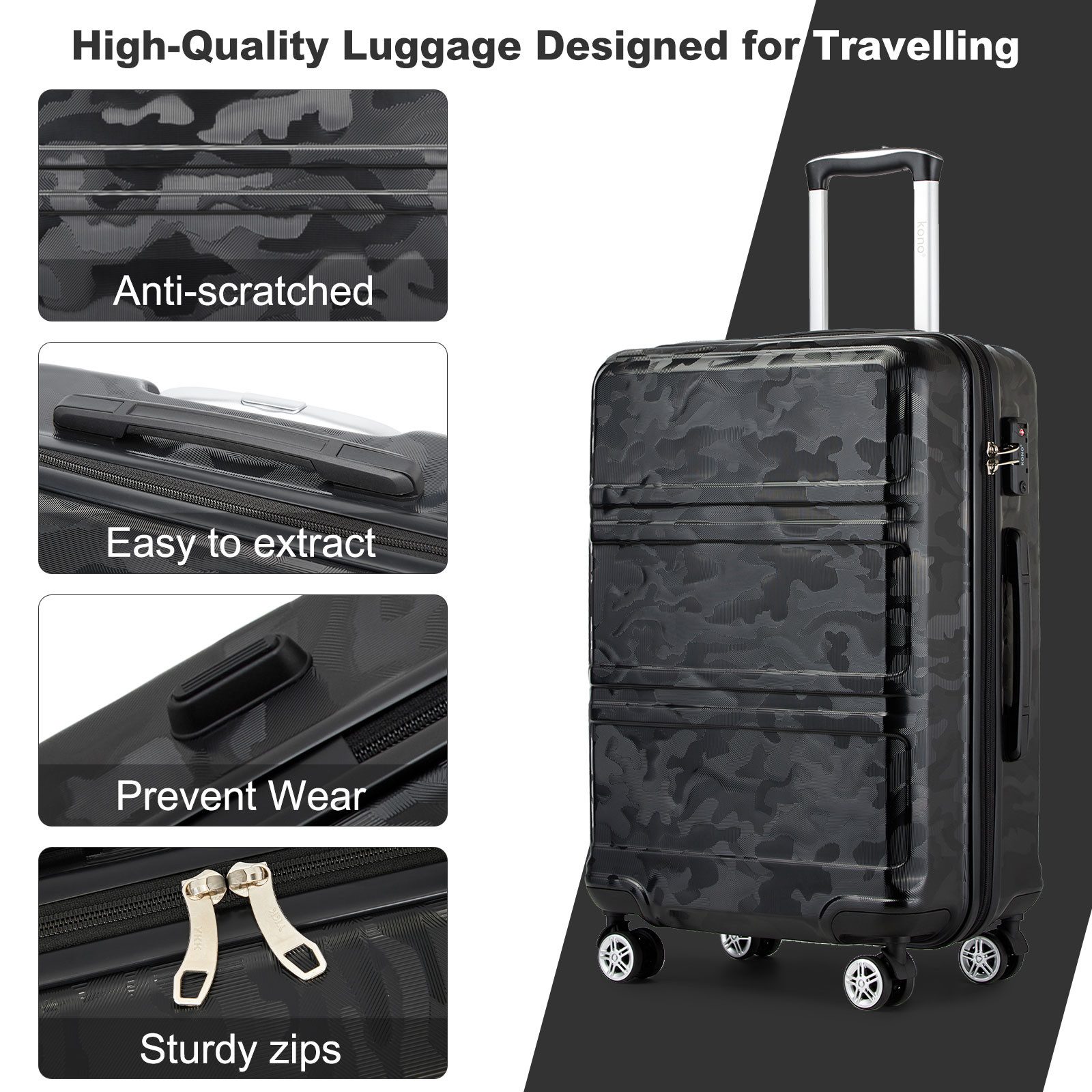 KONO Trolleyset 4 Rollen, (3 tlg), 3 Koffer, 360° Rollen, robuste Hartschale, (3 tlg)