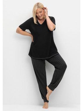 Sheego Pyjamaoberteil Große Größen mit V-Ausschnitt und Kontrastdetails
