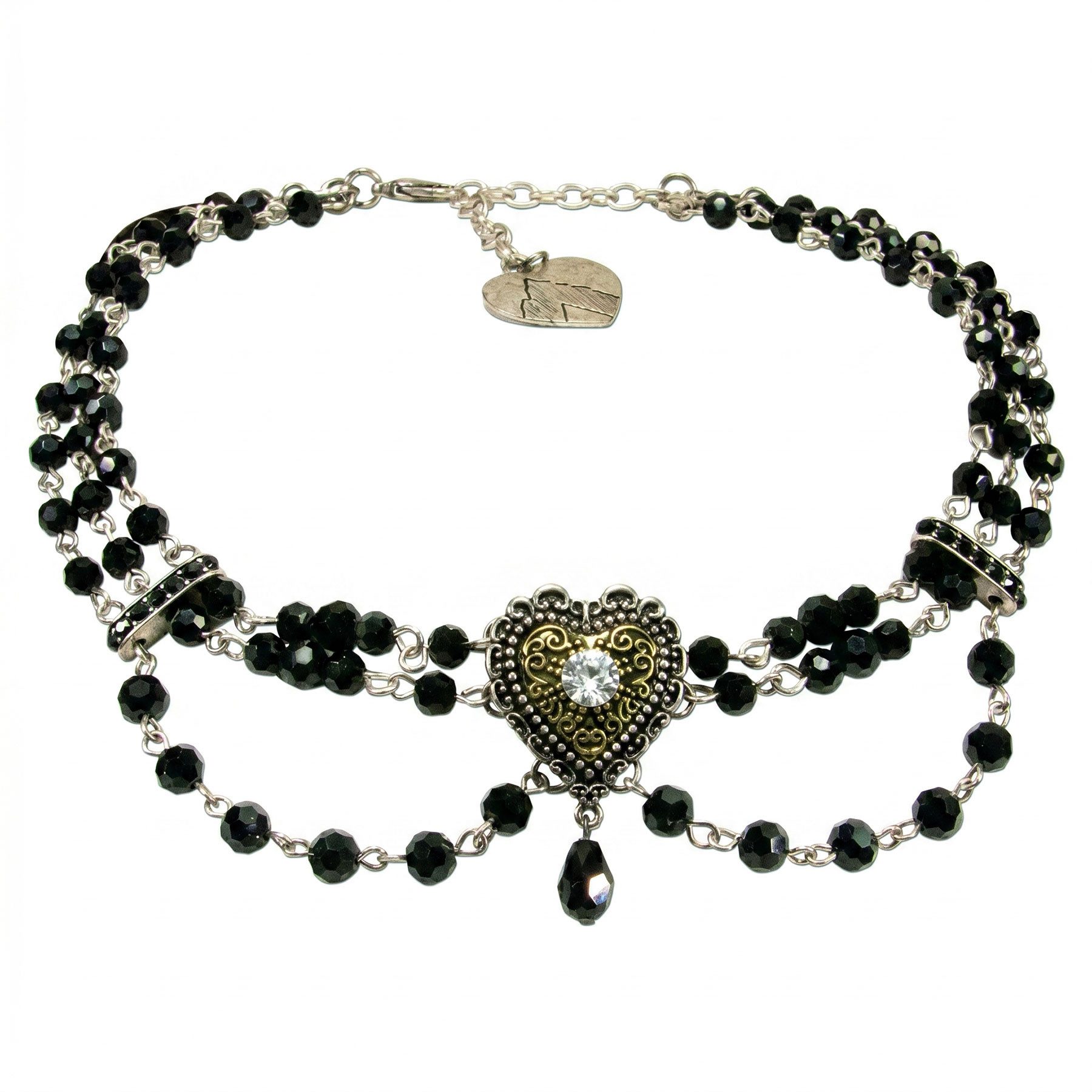 Alpenflüstern Collier Trachten-Perlen-Kropfkette Trachtenherz (schwarz), - elegante Trachtenkette - nostalgischer Damen-Trachtenschmuck, Dirndl