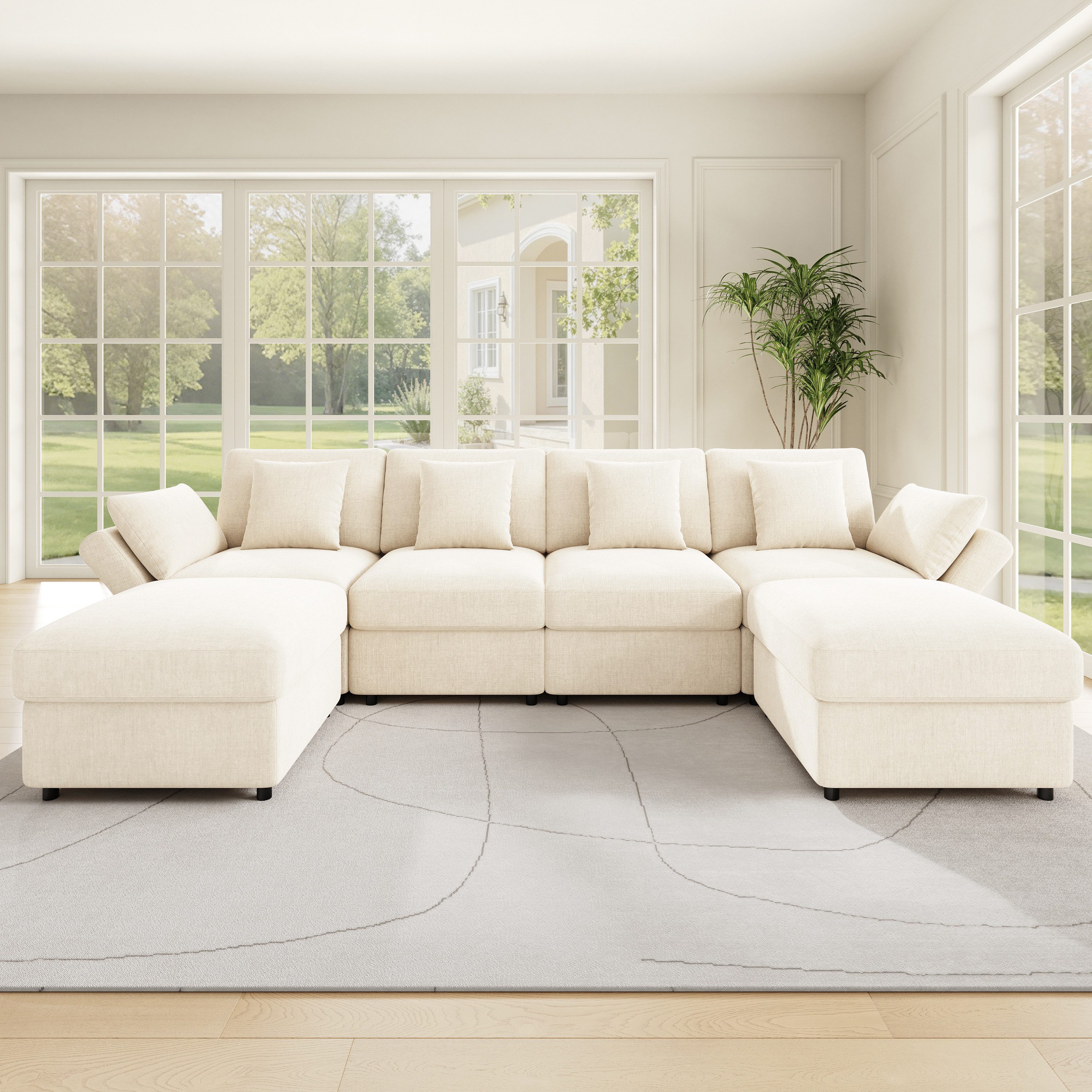 Merax Ecksofa aus Chenille, Modulares Sofa mit verstellbaren Armlehnen, für 4-6 Personen 1 Teile, U-/L-förmiges Sofa mit 2 Hockern, 4 Kissen & 2 Kopfstützen, wandelbar