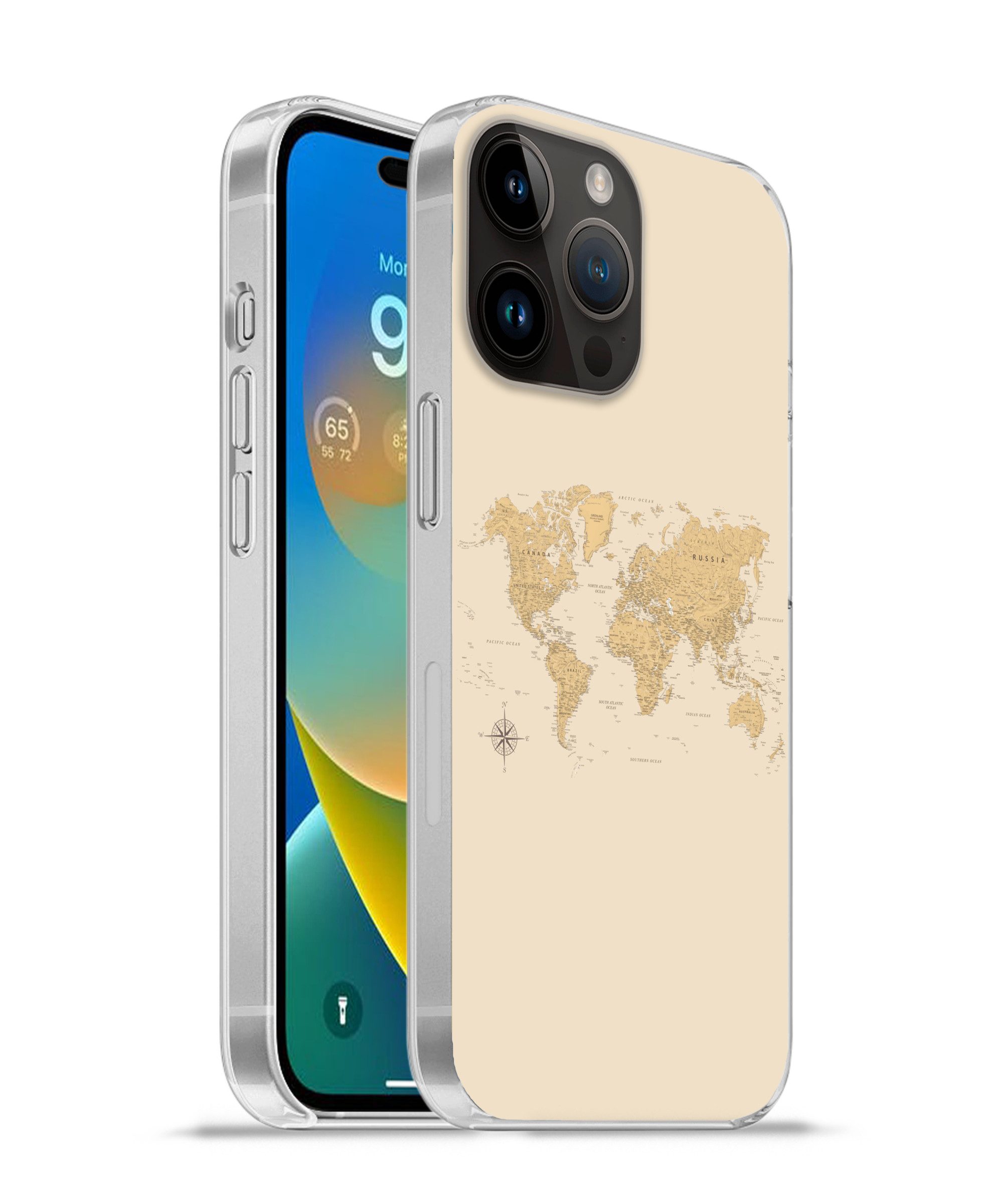 MuchoWow Handyhülle für Apple iPhone 14 Pro Weltkarte - Realistisch - Beige, Smartphone-Bumper, Print, Handy Schutzhülle Dünn