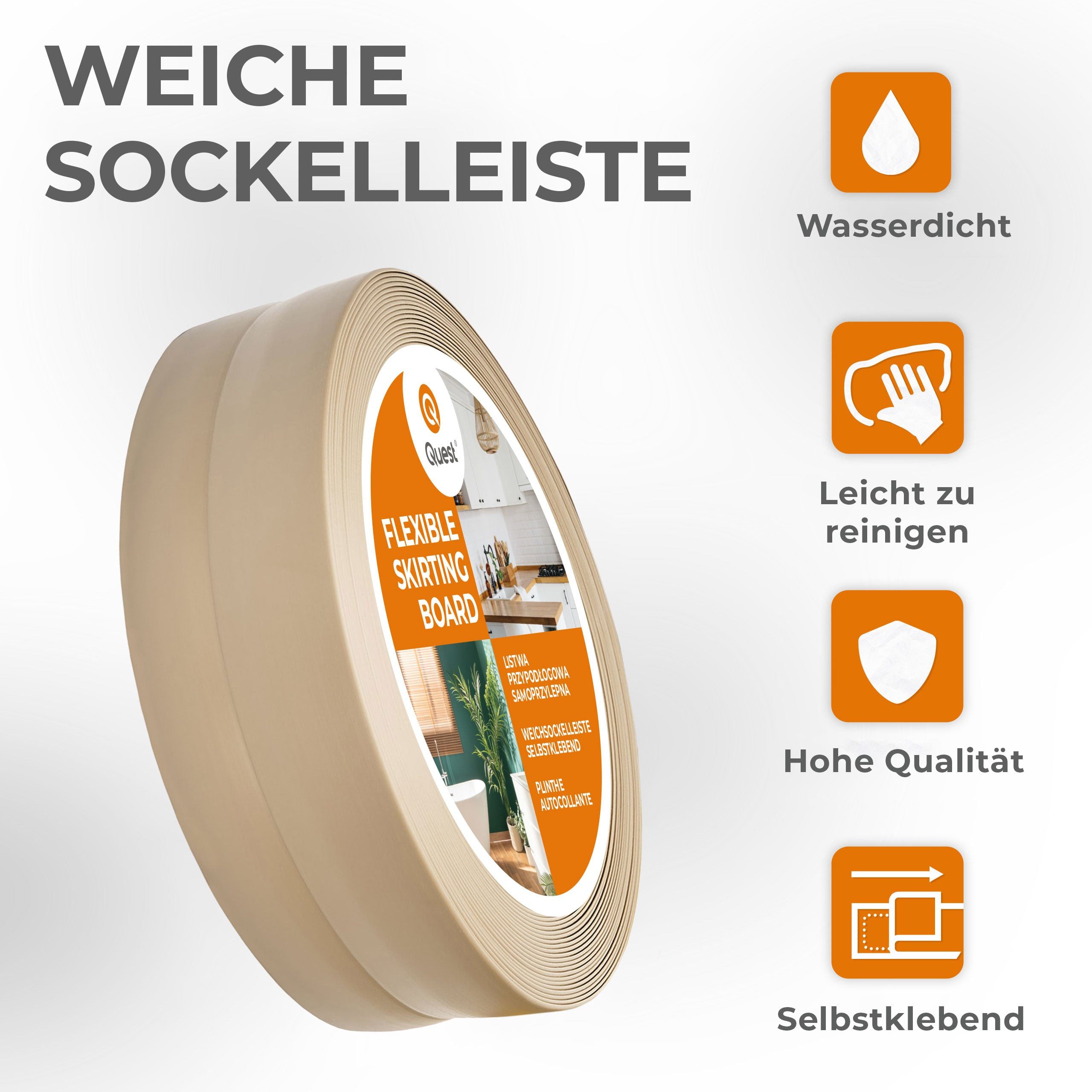 Quest Sockelleiste Weichsockelleiste Selbstklebend 15x15 mm, L: 500,00 cm, H: 1,50 cm, Packung, 1-St., wasserfest, UV-beständig, für Küche & Bad – Bild 2 von 5