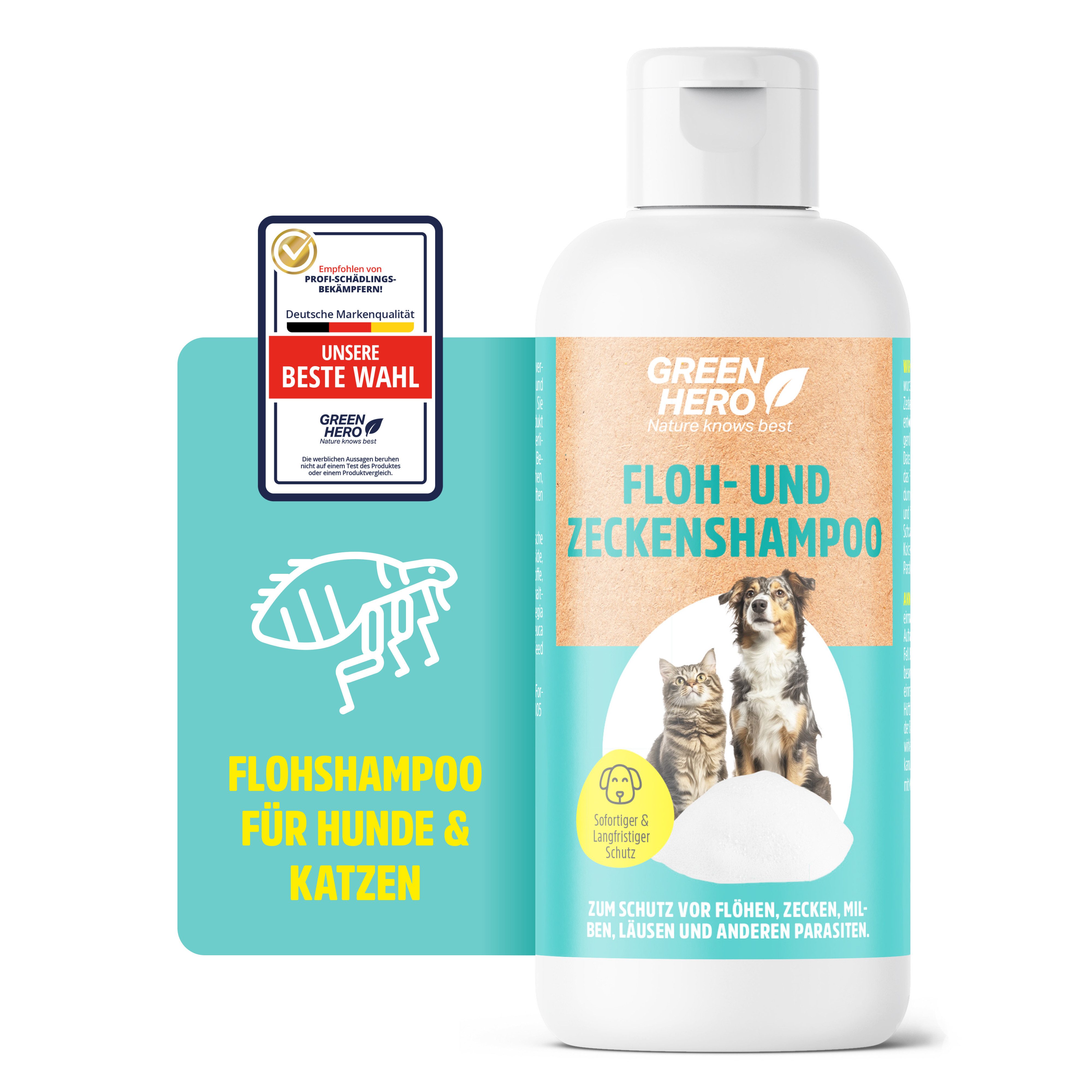 GreenHero Tiershampoo Floh- und Zeckenshampoo für Hund & Katze, 250 ml