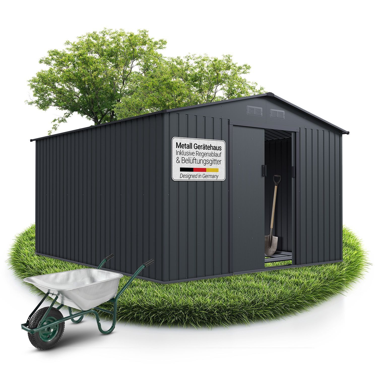 Juskys Gartenhaus XXL, BxT: 314x282 cm, mit Satteldach, Schiebetür, Fundamentrahmen & 14 m³