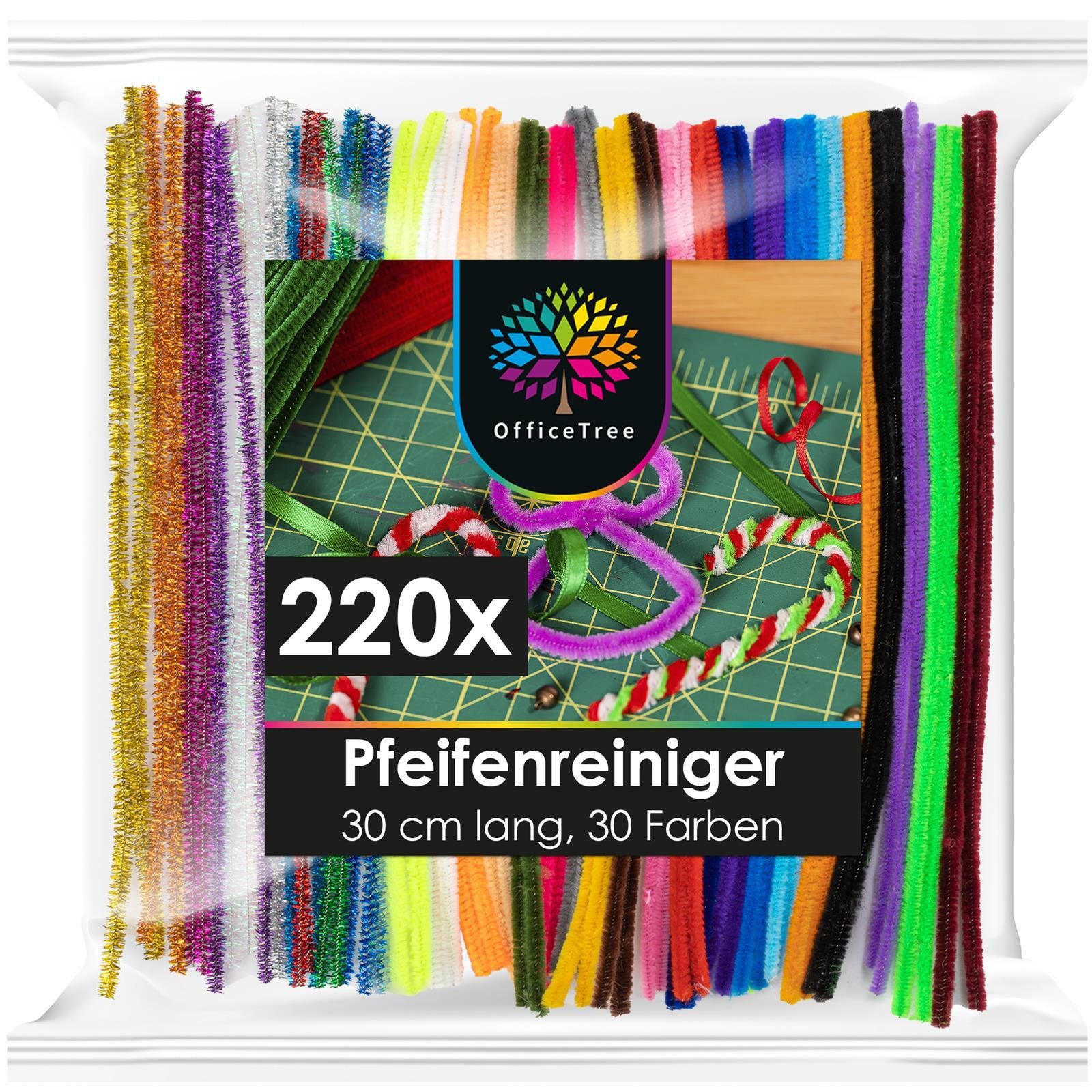 OfficeTree Basteldraht Bastel Pfeifenreiniger - 220 Pfeifenputzer 30 Farben, 30 Farben inkl. Glitzerdraht